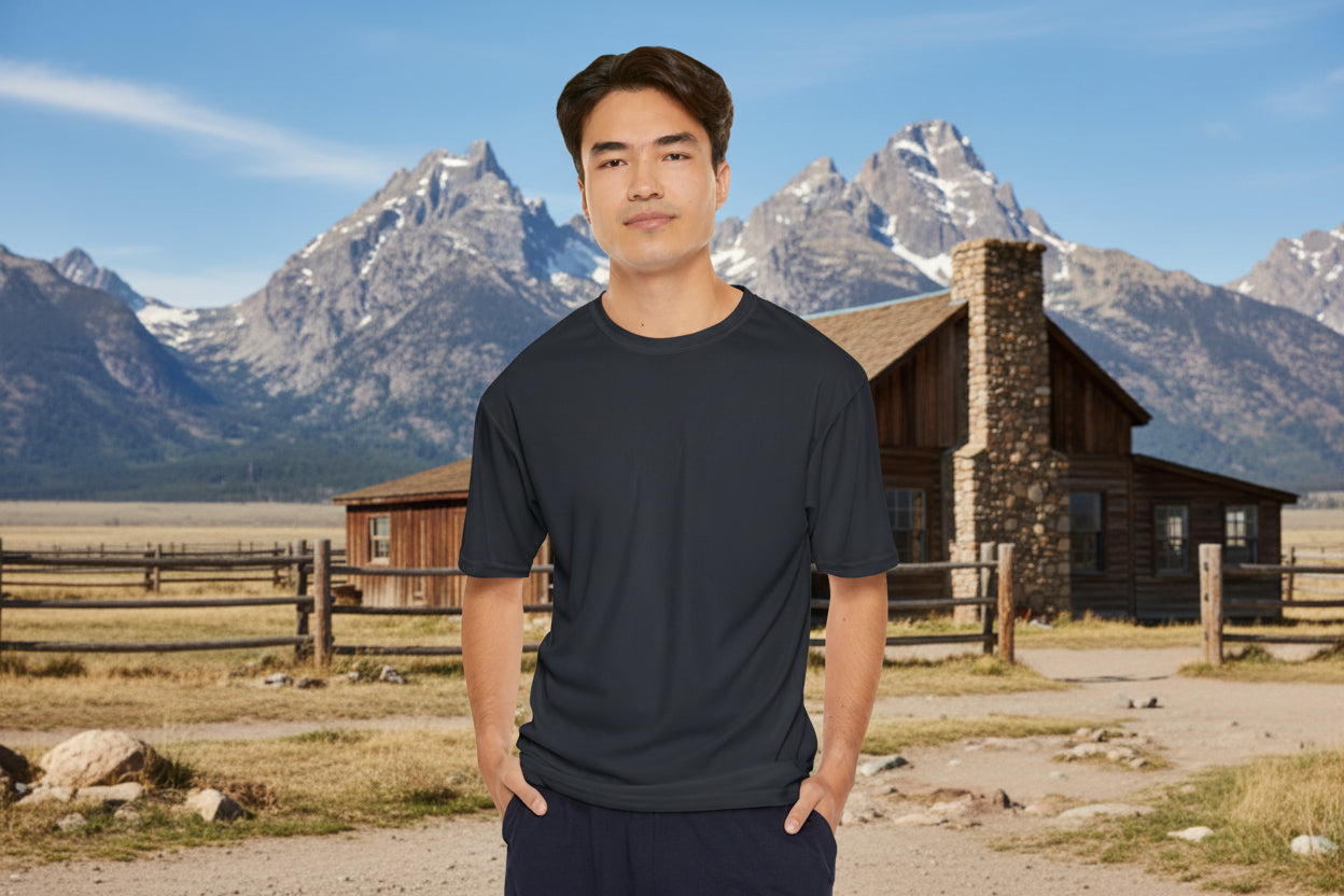 Black performance T shirt 100% polyester is strong, durable for long wear yet super comfortable.