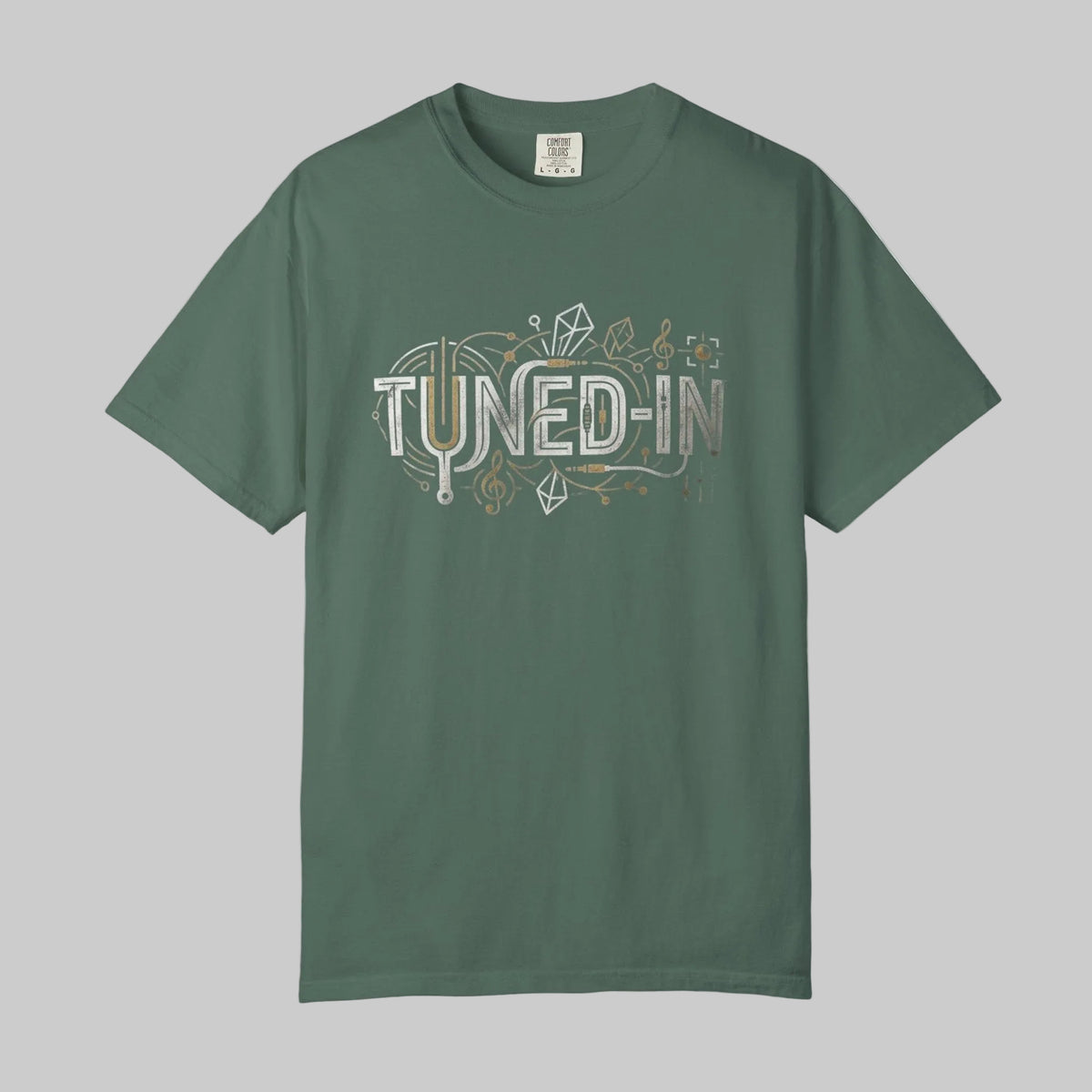 blue spruce color tee with Tuned-In graphic across chest
