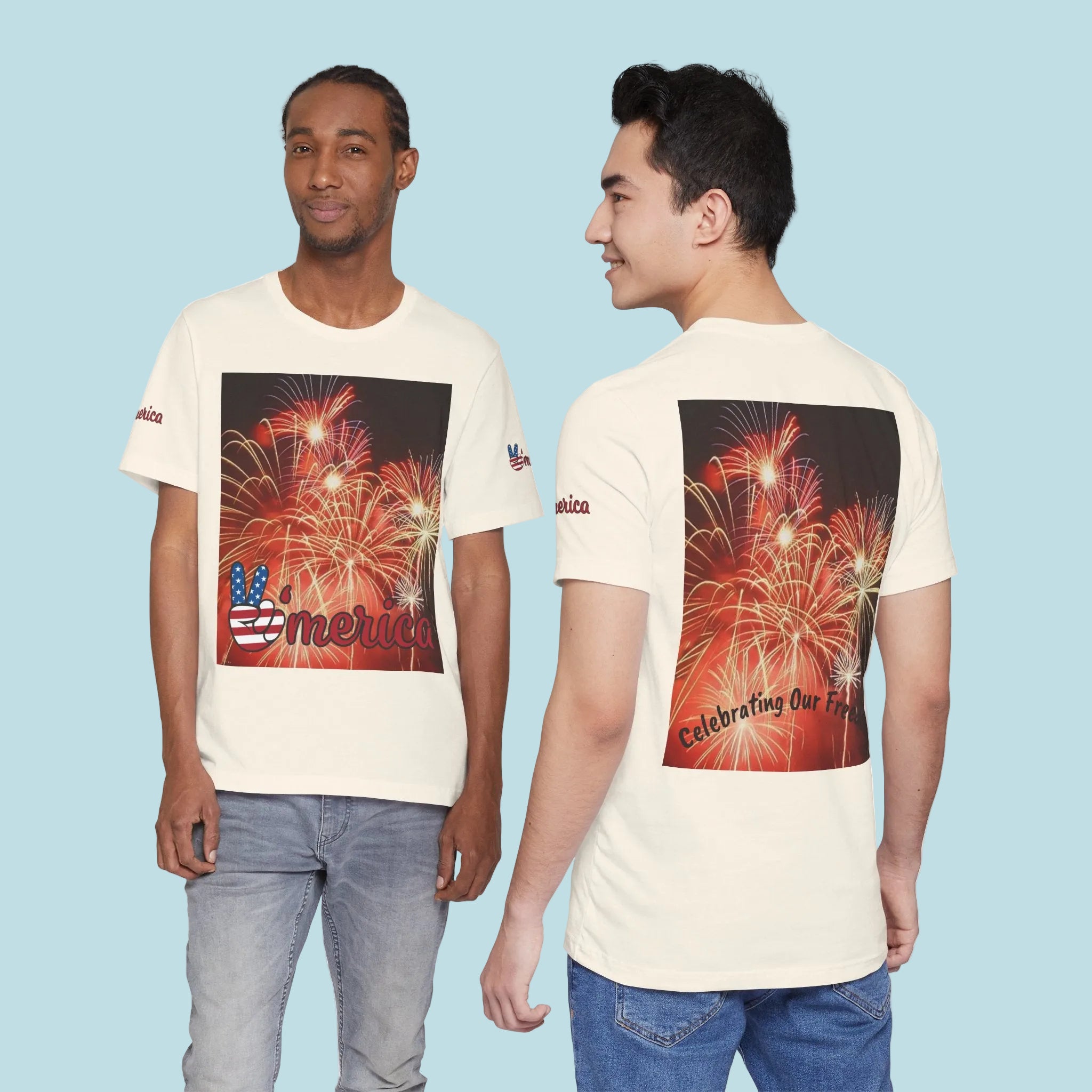 Natural colored t-shirt with a fireworks design - 100% Cotton