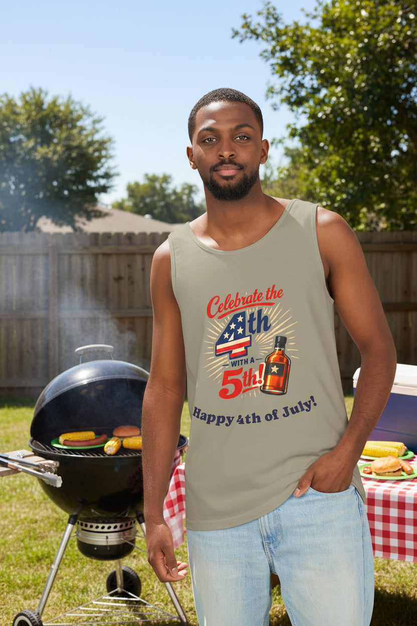 Unisex fun tank top with 4th of July text and bottle graphic sizes XS-3XL