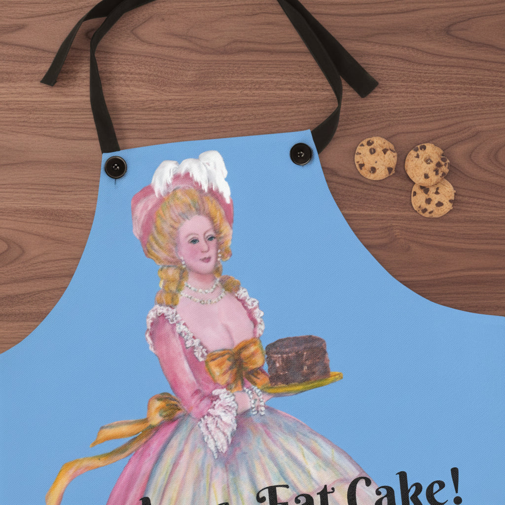 Apron with vintage-style illustration of a woman holding a cake saying 'Let Them Eat Cake'