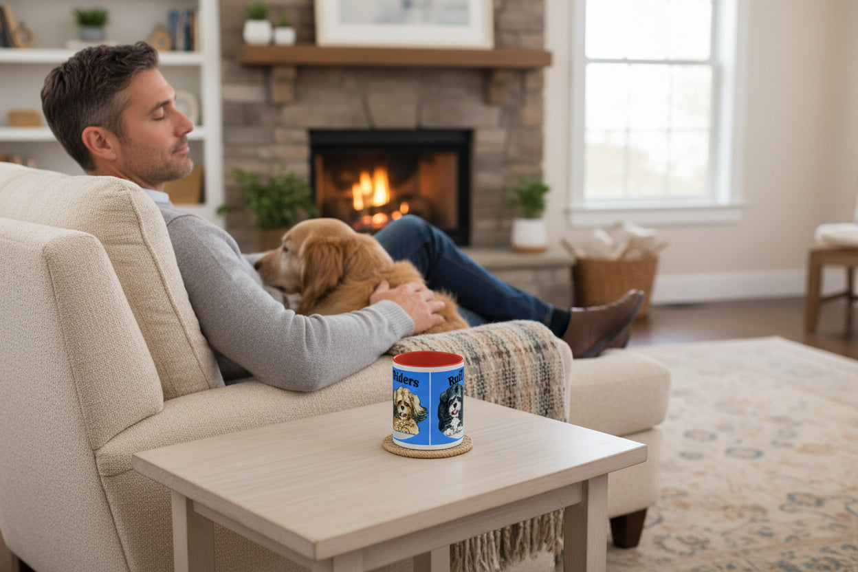 Mug with two dog illustrations and text, Ruff Riders on a blue background