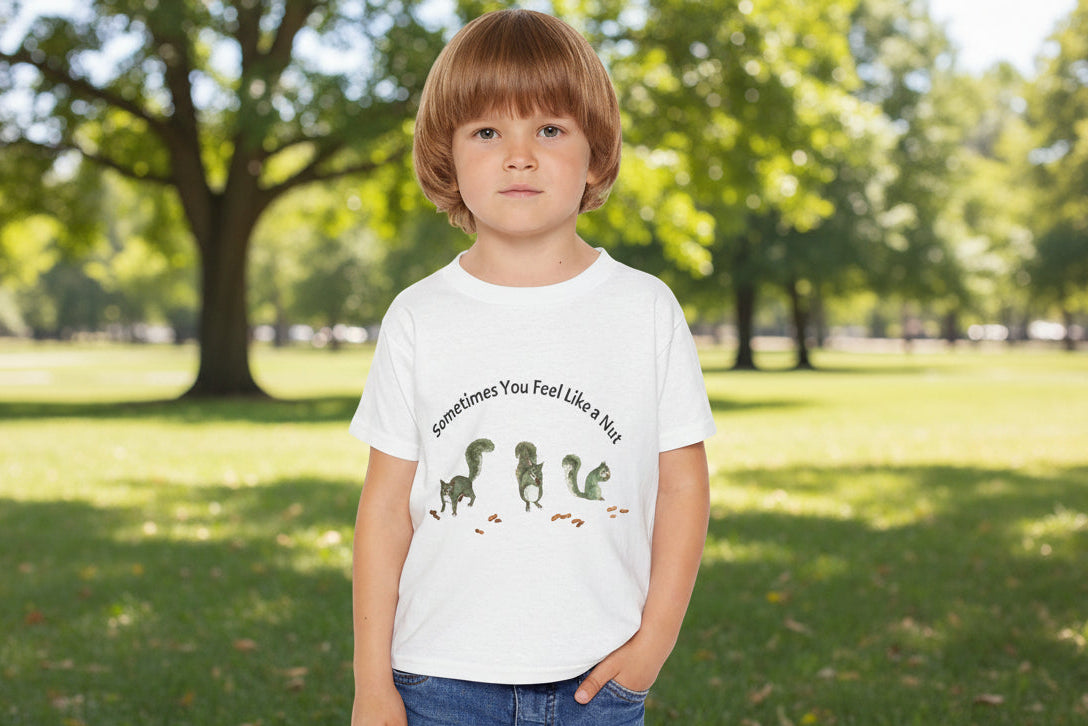 Young boy with heavy but comfy and durable Tee with Fun squirrel graphics and text on front