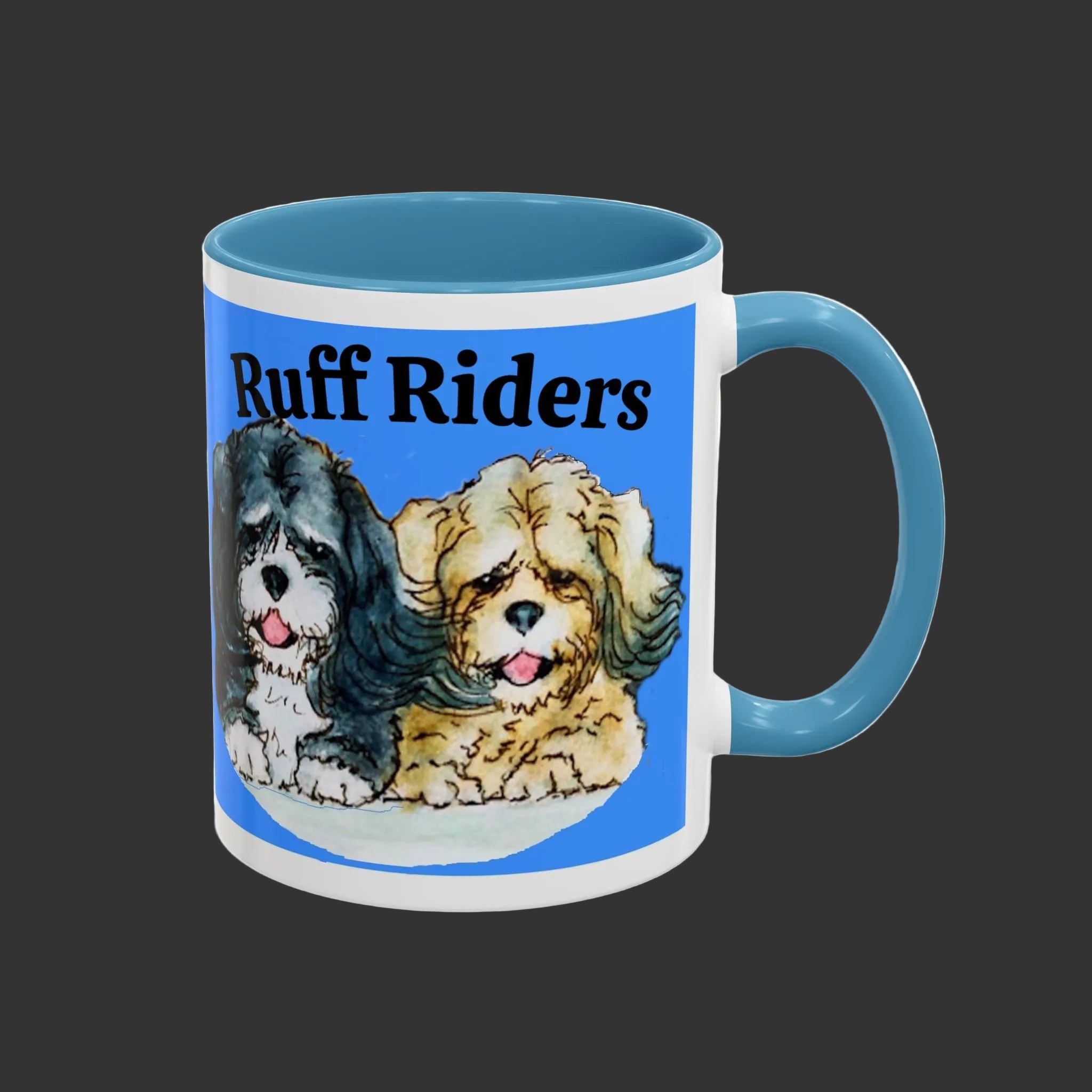 Mug with 'Ruff Riders' text and dog illustrations on a blue background
