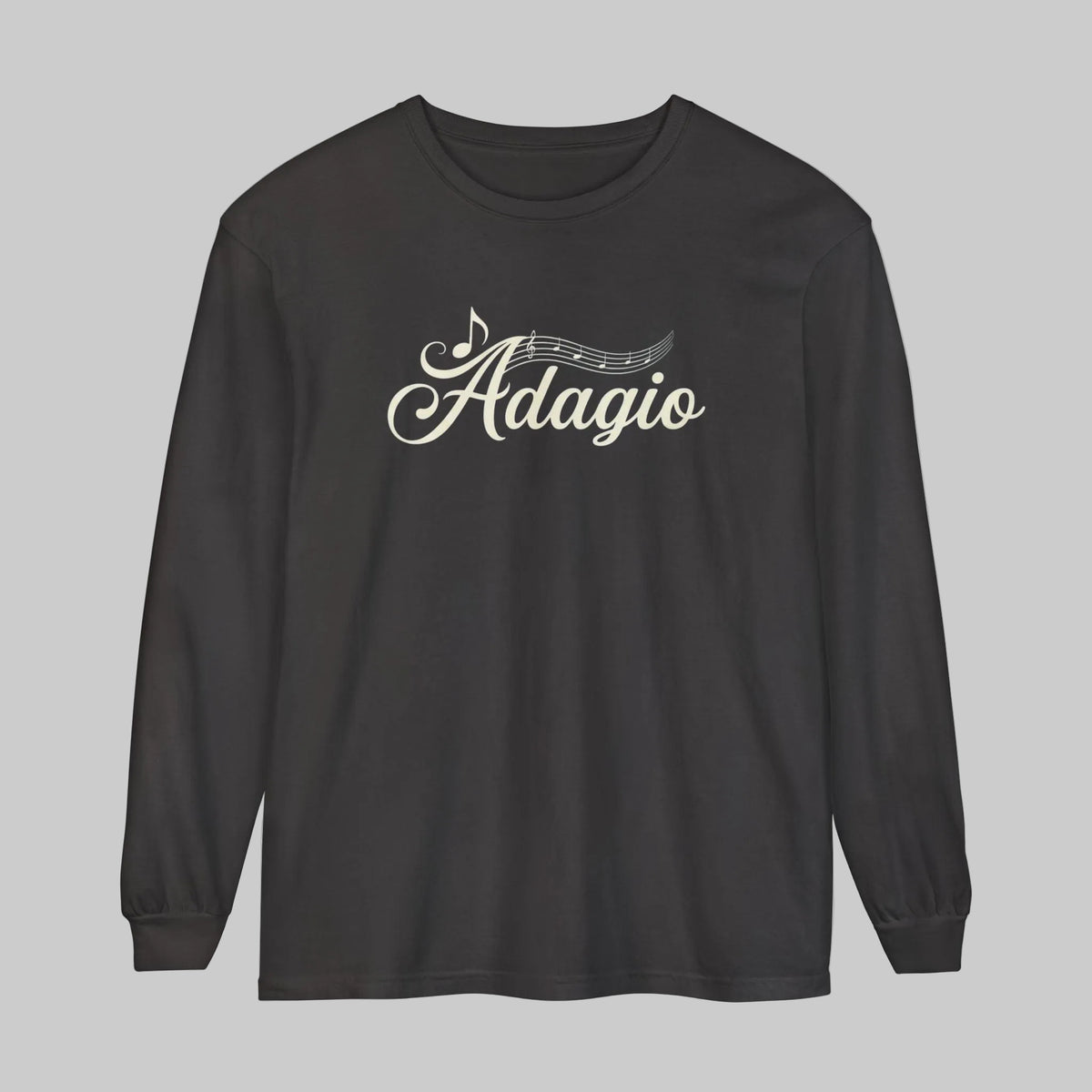 long sleeve cotton Tee in Graphite color and script text: Adagio