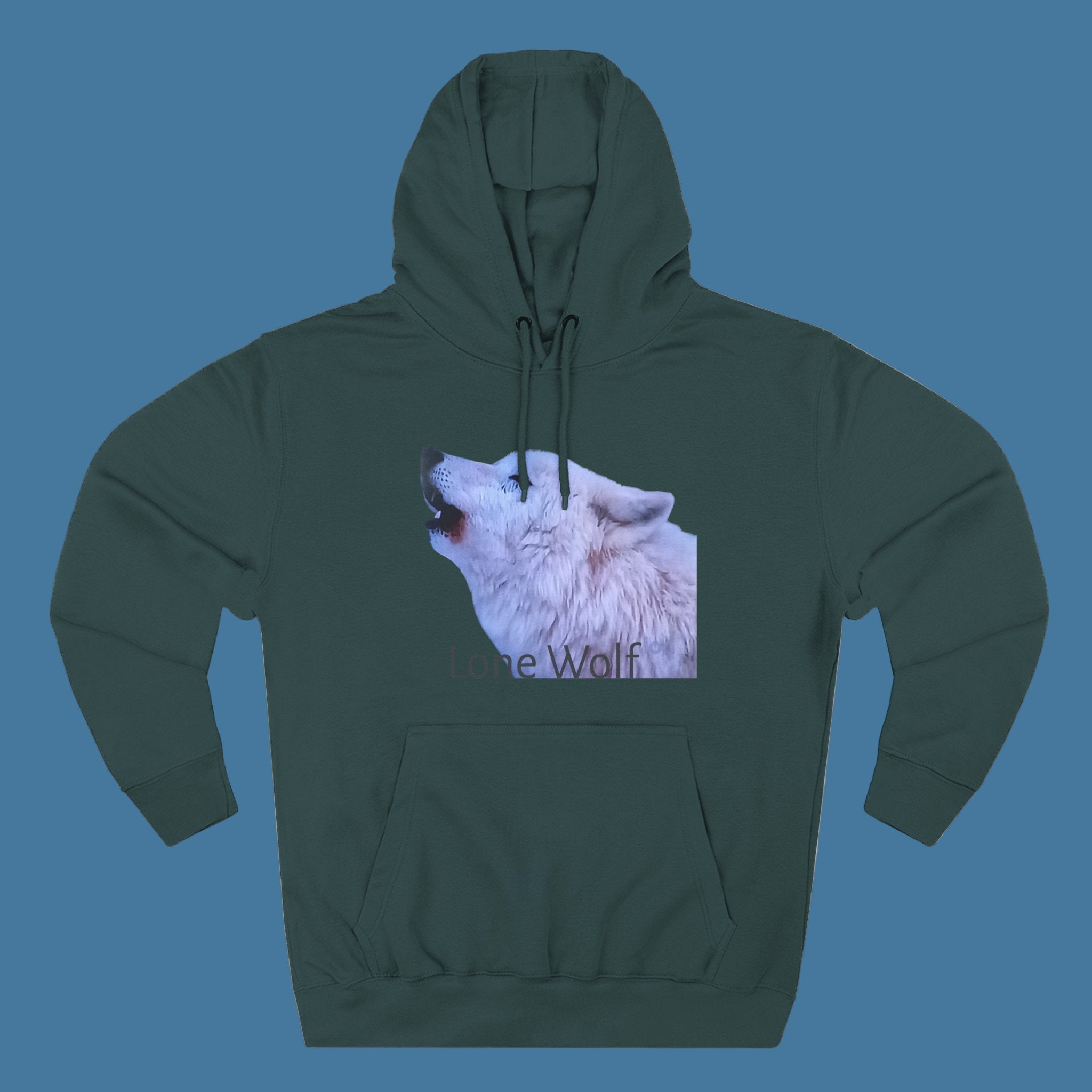 Green hoodie with a wolf graphic on a blue background