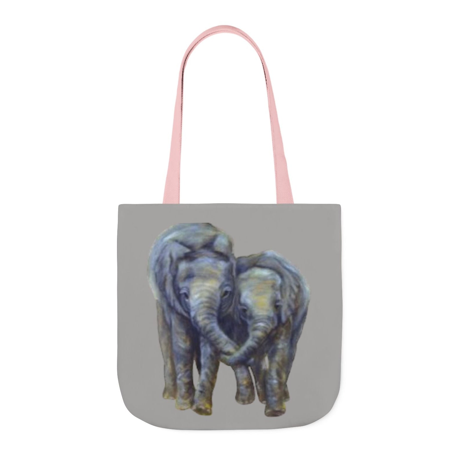 A gray tote bag with light pink shoulder straps, featuring a printed illustration of two elephants on both sides - 100% polyester canvas - durable and roomy