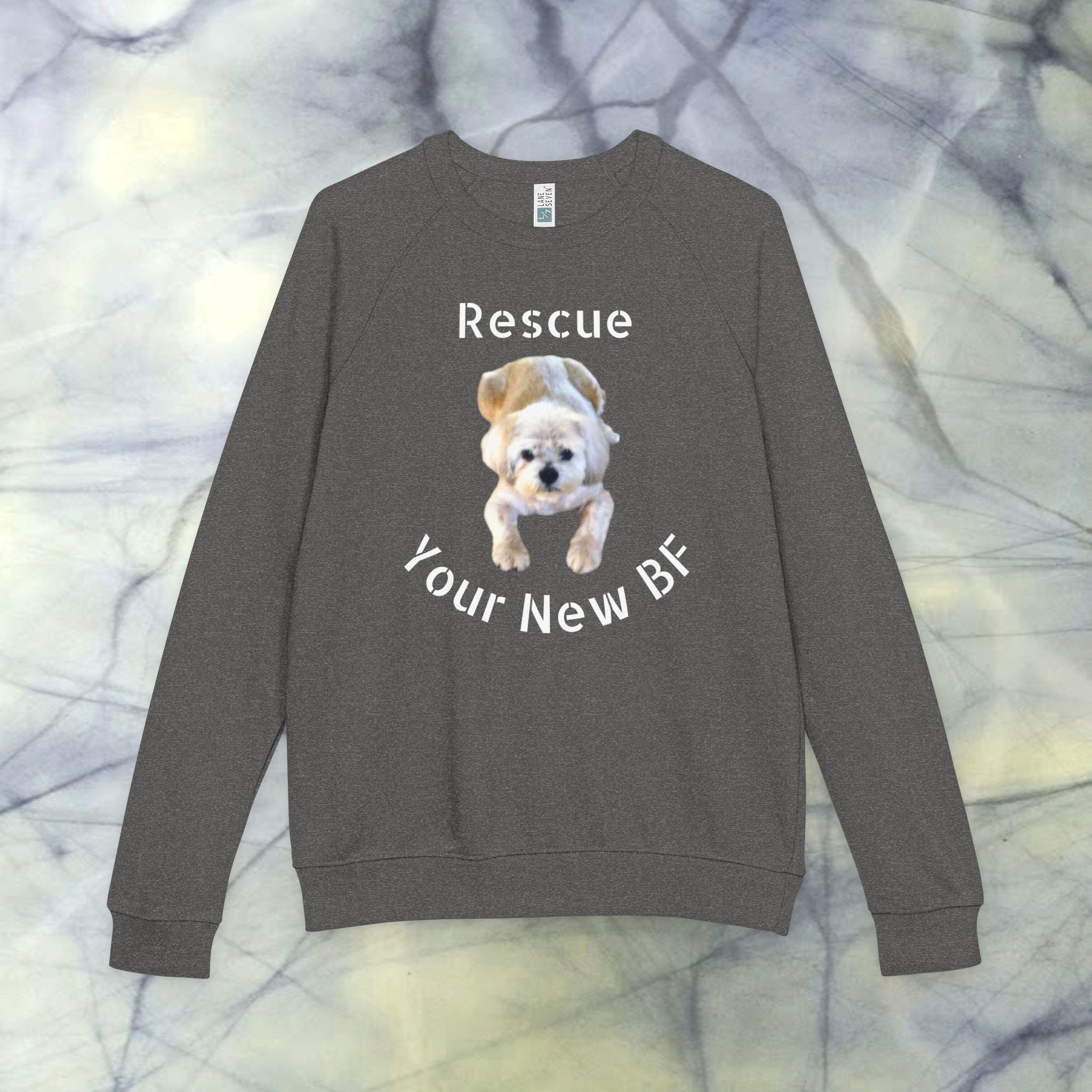 Grayshirt with a dog illustration and text on a marble background