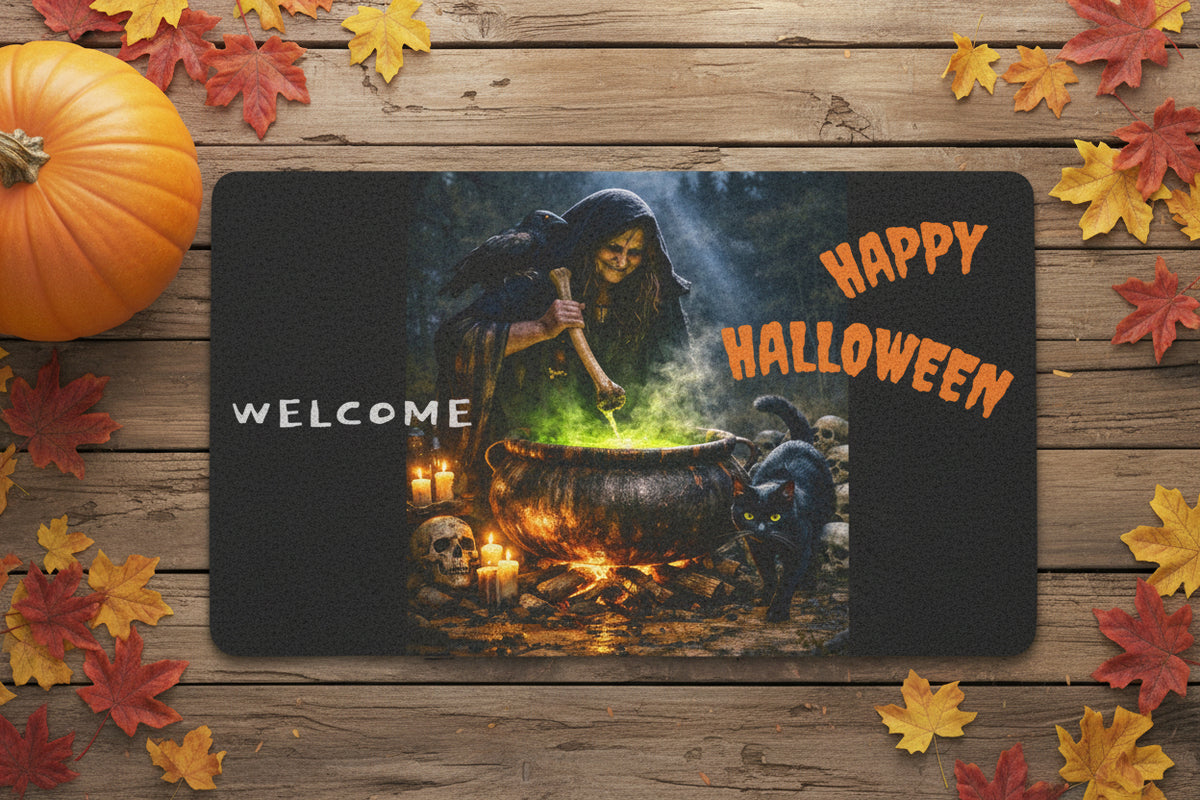 A rectangular Halloween-themed mat with rounded corners, featuring a dark witch stirring a glowing cauldron, candles, skulls, a black cat, and orange text reading 'HAPPY HALLOWEEN' and 'WELCOME'.