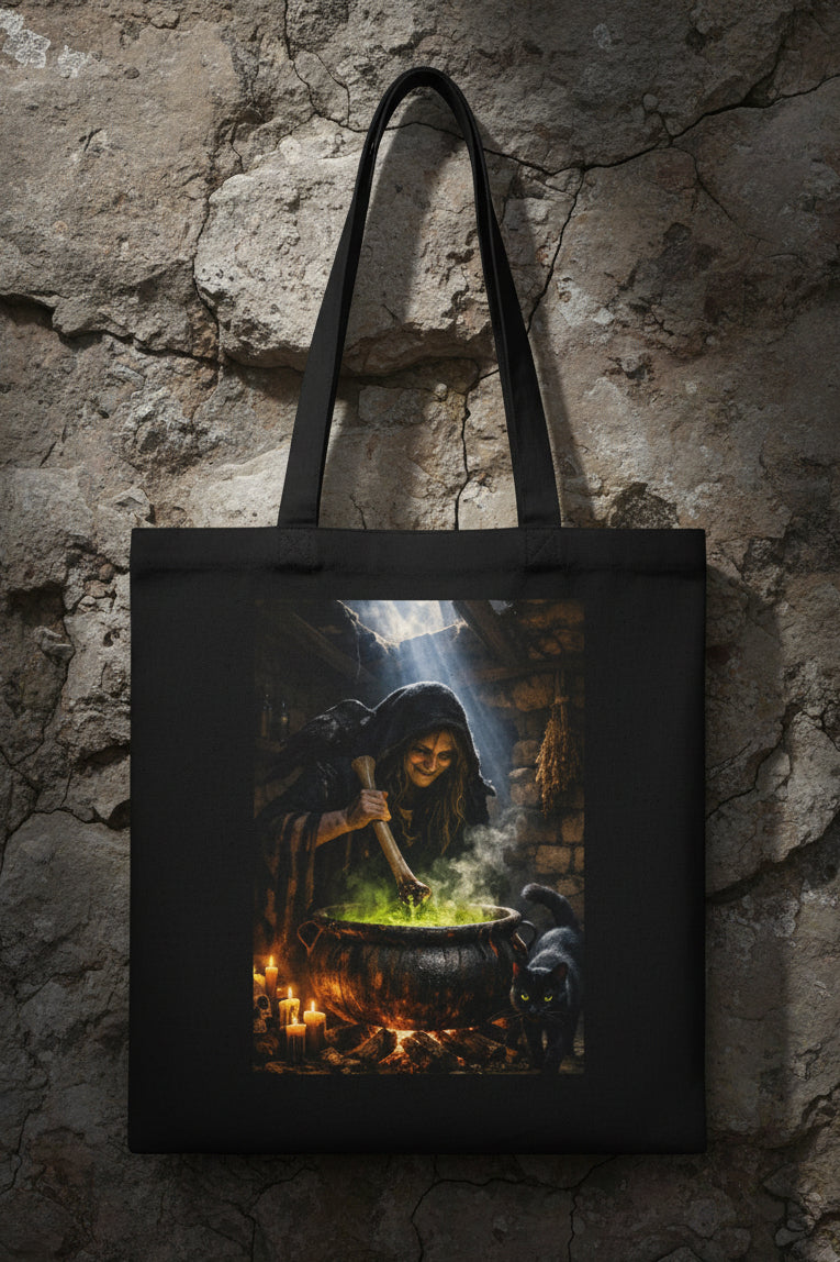 A black cotton tote bag with shoulder straps, featuring graphic print on the front of a spooky witch stirring a glowing green cauldron over flames.