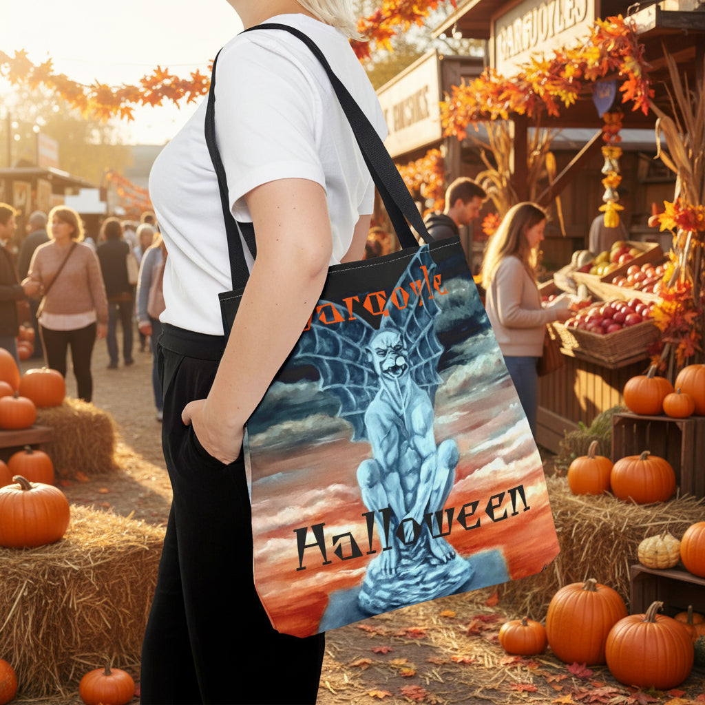 Person holding a tote bag with Halloween design featuring a Gargoyle and text: Gargoyle Halloween