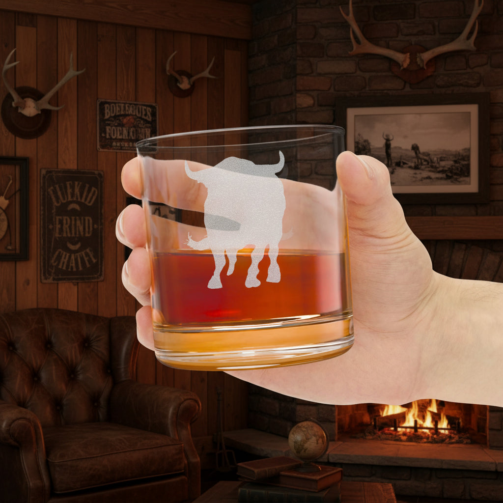 Bring out his inner 'Cowboy' with this whisky glass etched charging bull and whiskey