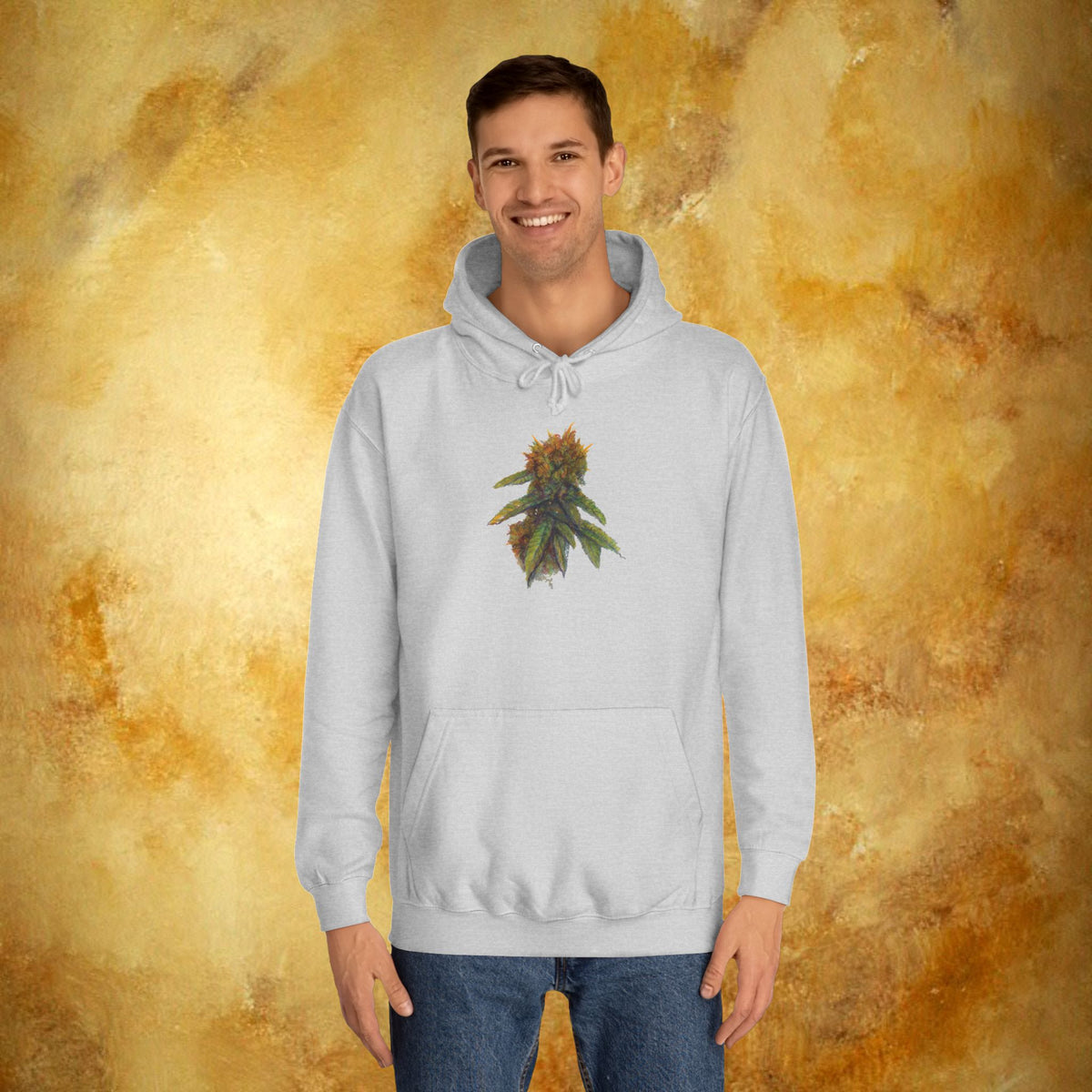 A man wearing a heather gray hoodie with a cannabis leaf graphic on the chest with roomy kangaroo pocket
