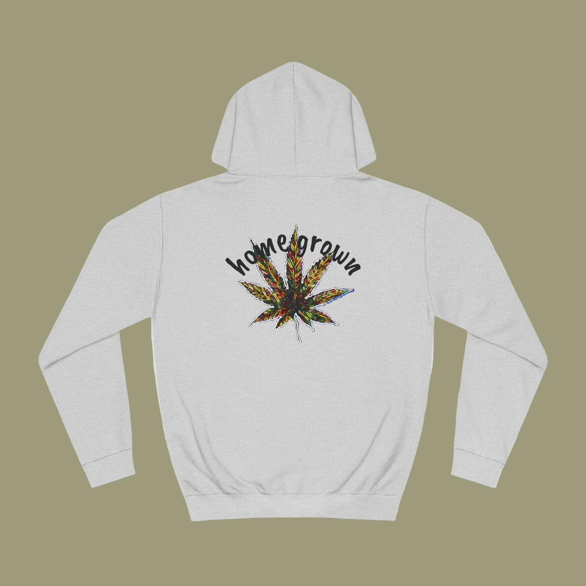 A heather gray pullover hoodie shown from the back, featuring a colorful cannabis leaf graphic with the text 'homegrown' in black script above it.