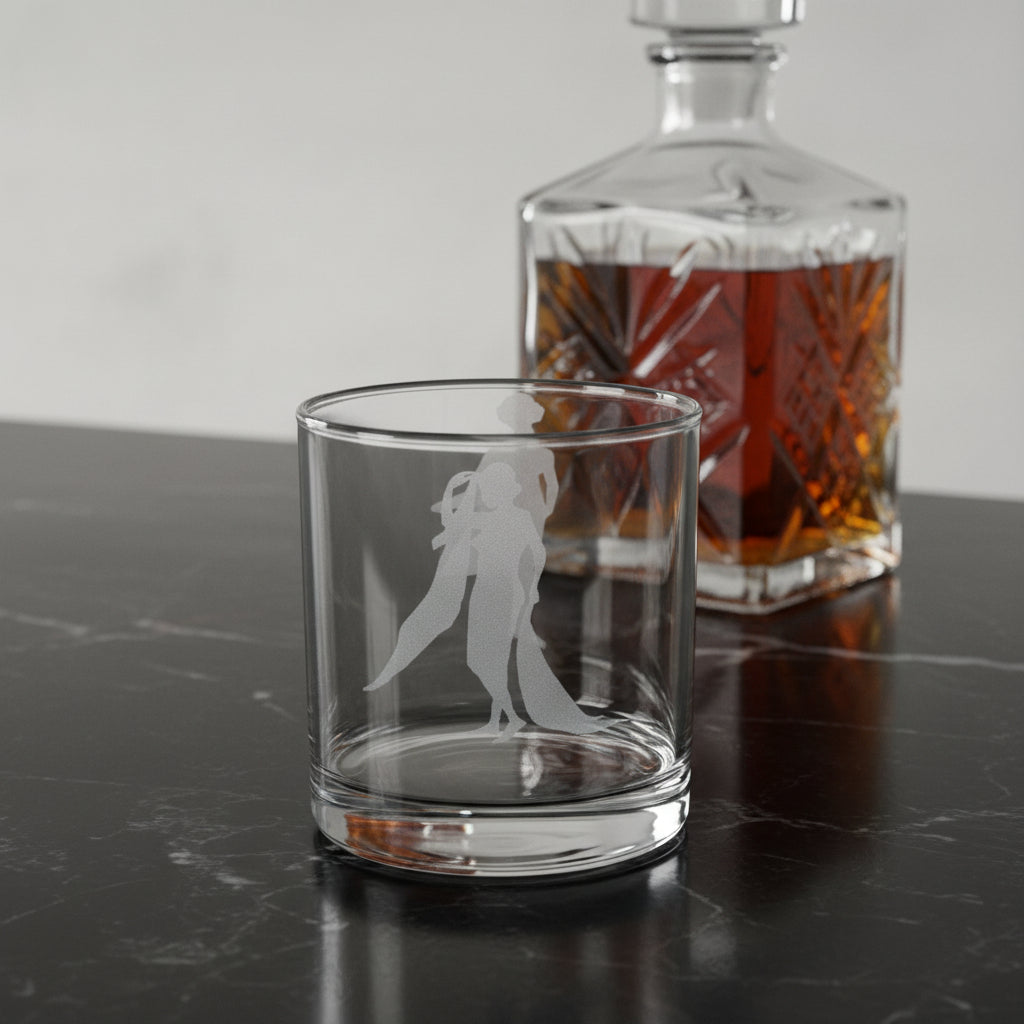 Clear whiskey glass engraved with 3 sexy art deco ladies