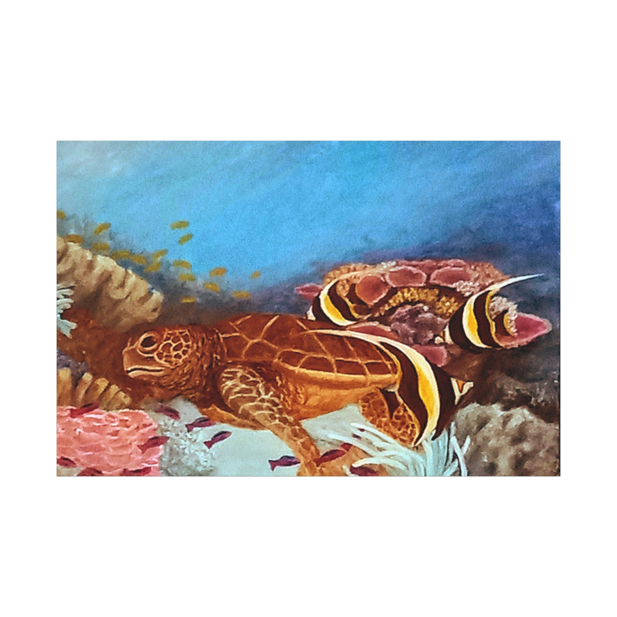 print of a turtle and clownfish in an underwater scene with coral.