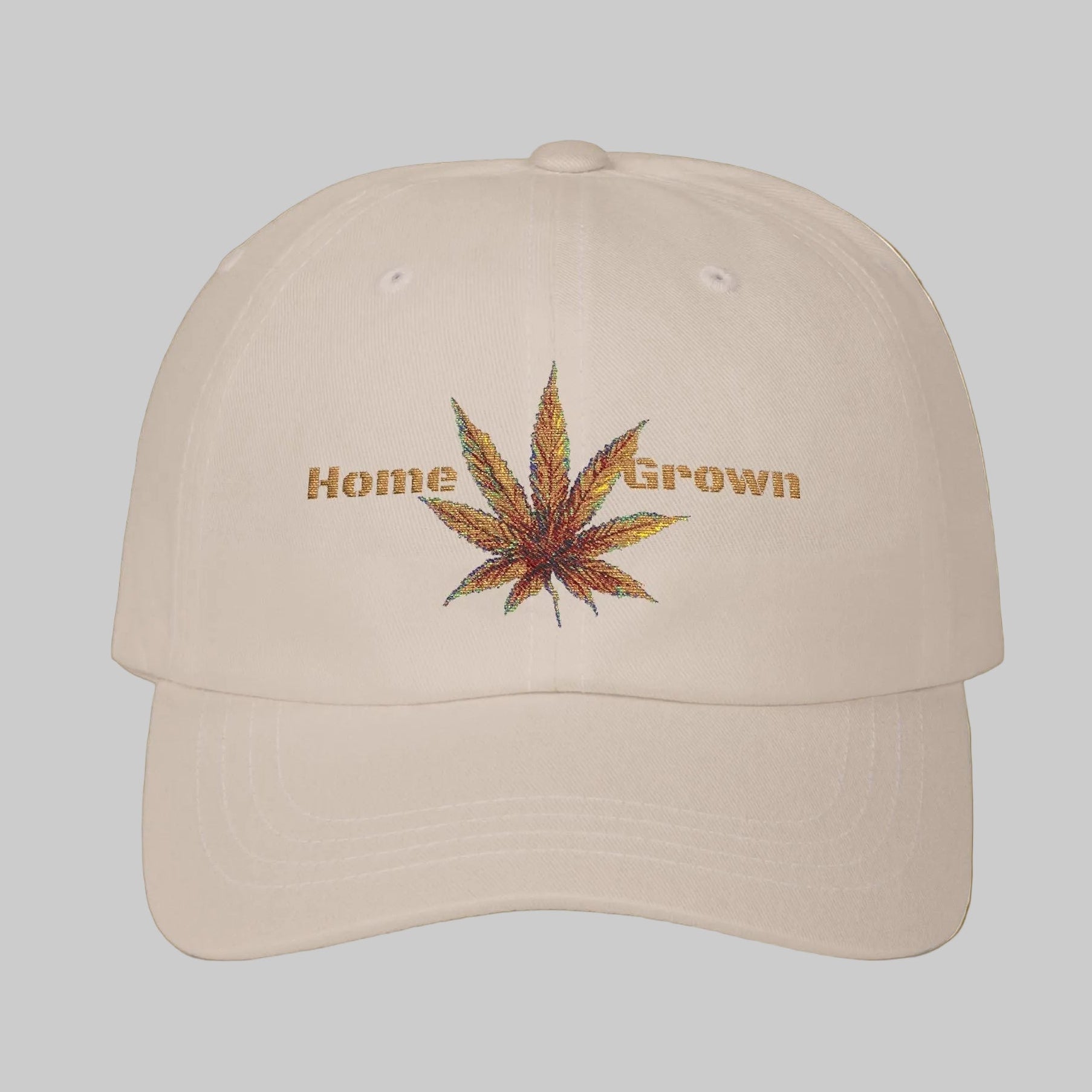 Beige dad's cap with textured look cannabis leaf and 'Home Grown' text