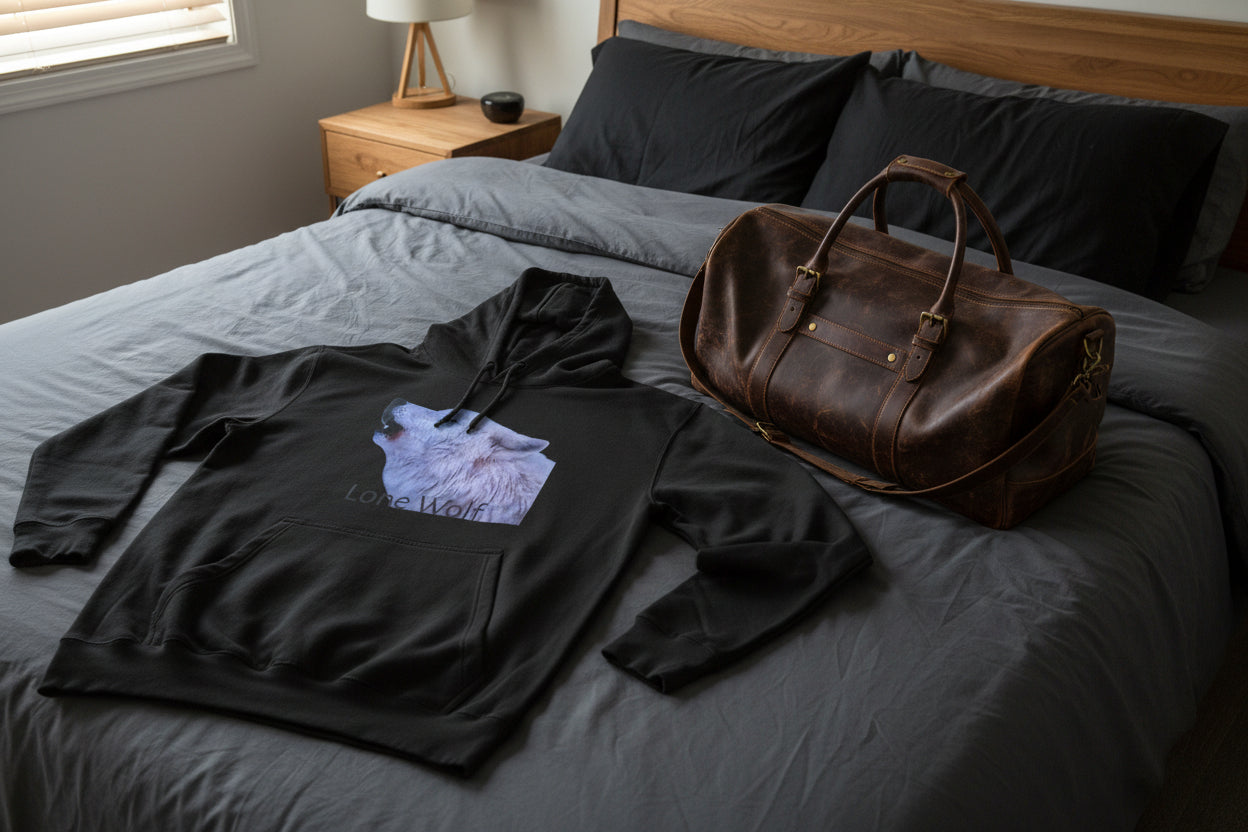 Black hoodie with a wolf graphic and 'Lone Wolf' text