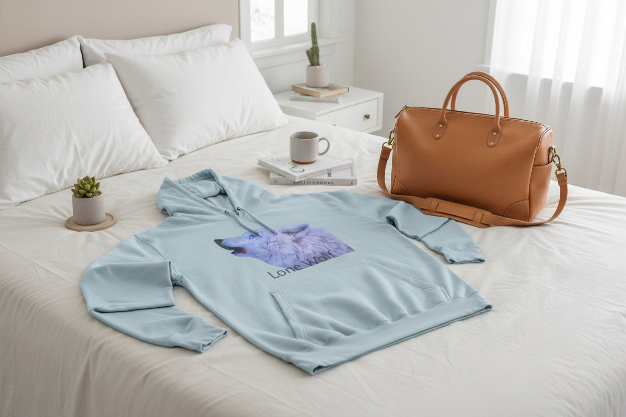 hoodie Light blue with a wolf graphic and 'Lone Wolf' text