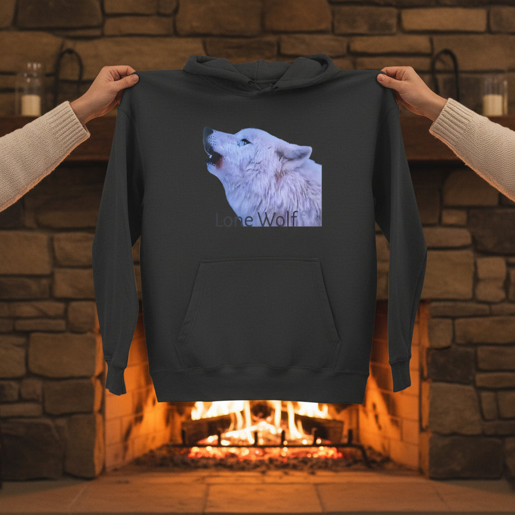 hoodie in dark grey with a wolf graphic and 'Love Wolf' text