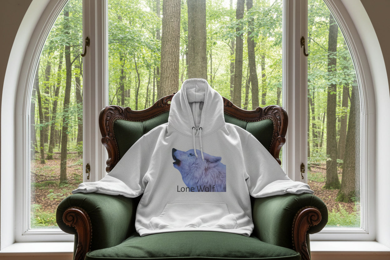 White hoodie with a wolf graphic and 'Lone Wolf' text