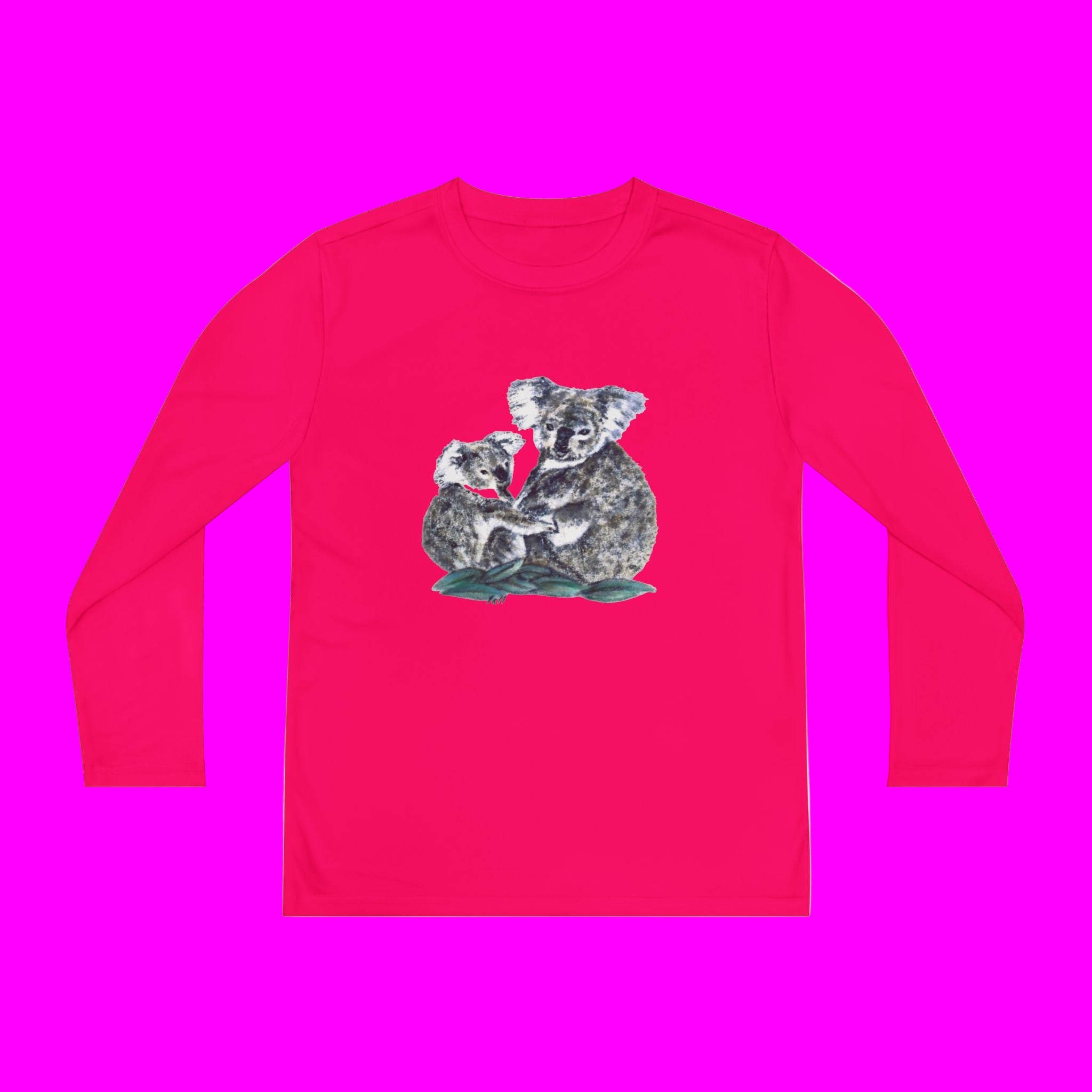 Pink long-sleeve shirt with koala design on a pink background