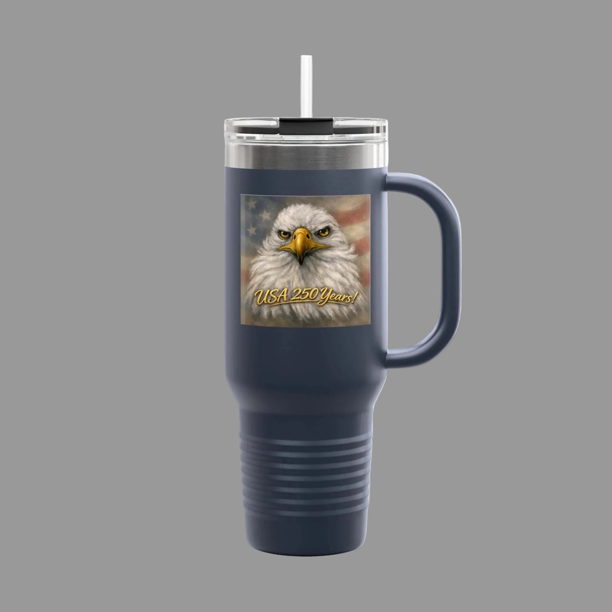 Navy blue travel mug with an eagle design and 'USA 250 Years!' 40 oz.