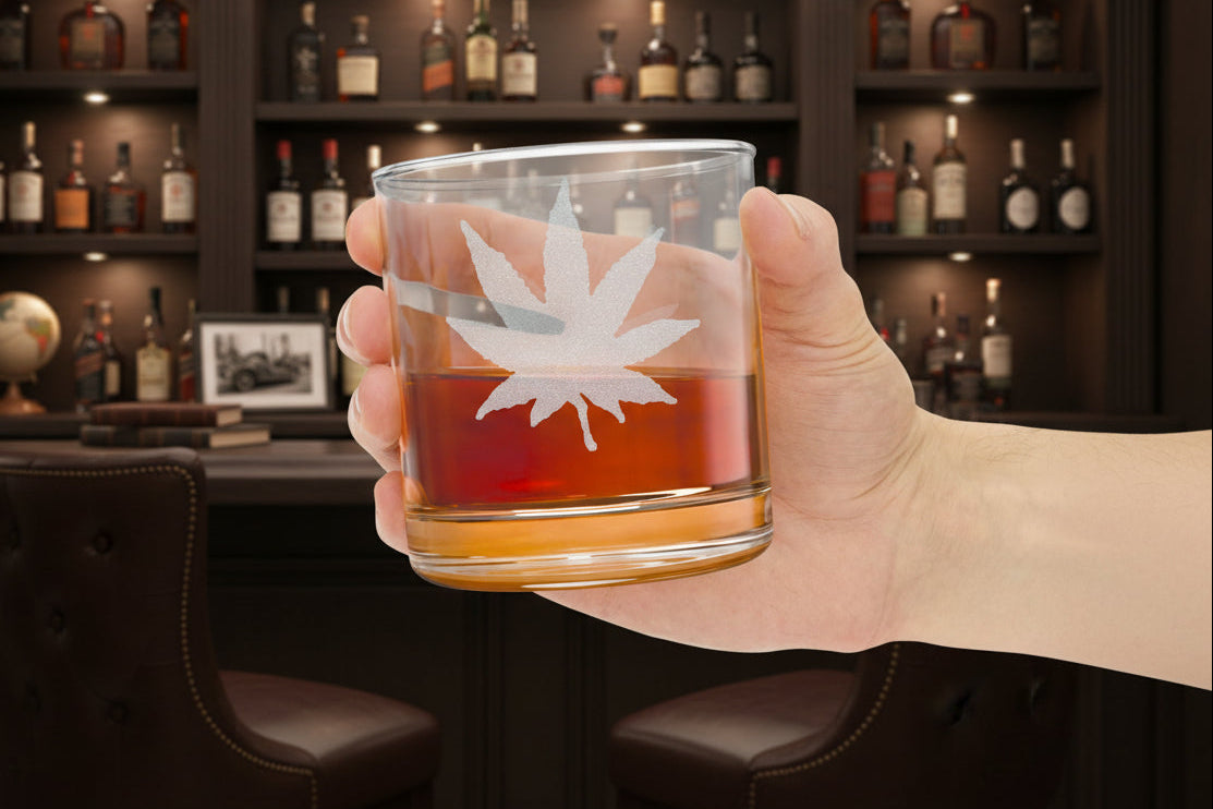 Hefty Whiskey Glass with Engraved Cannabis Leaves is unapologetic