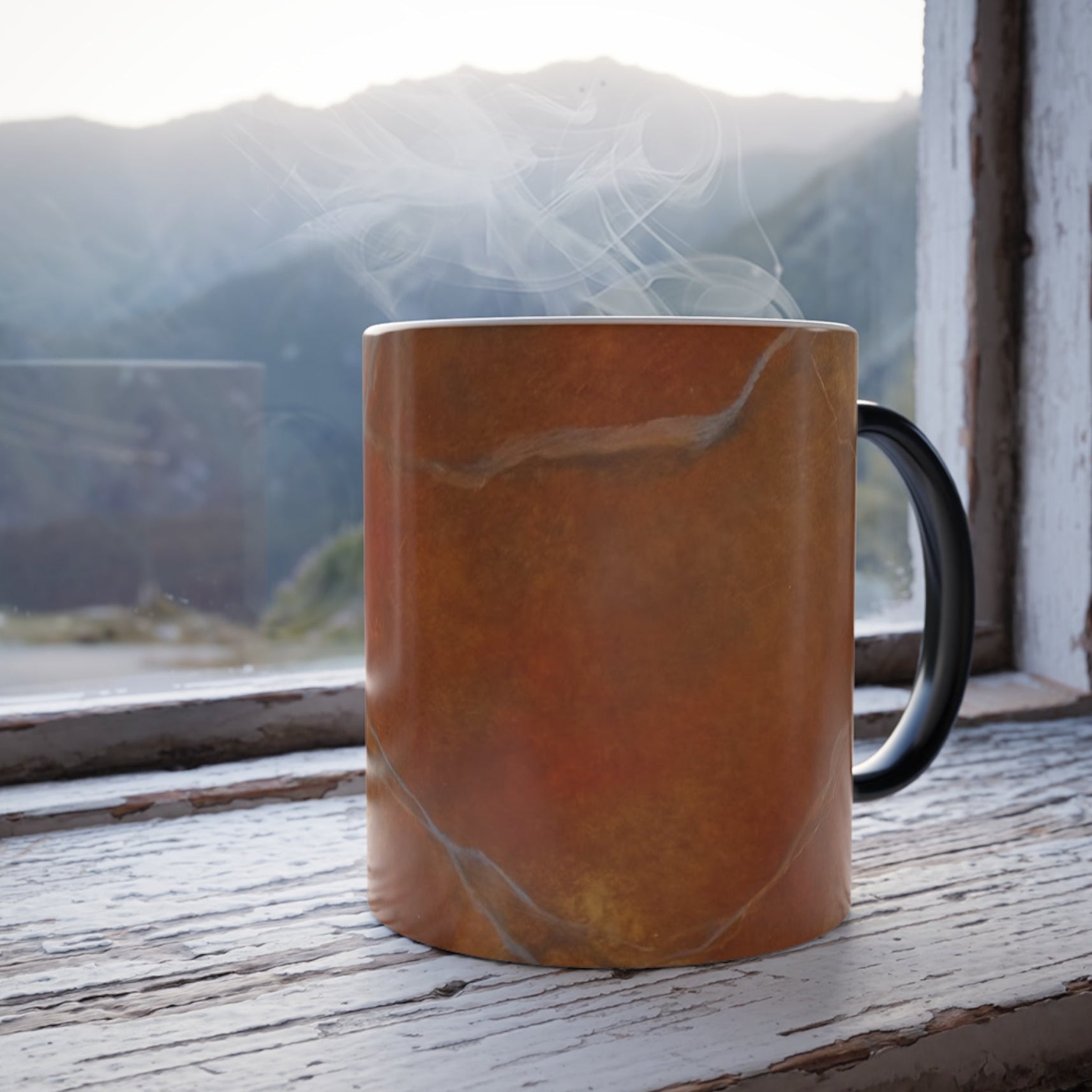 Mug features red orange marble painted design by Studio Blitz - 11 oz.
