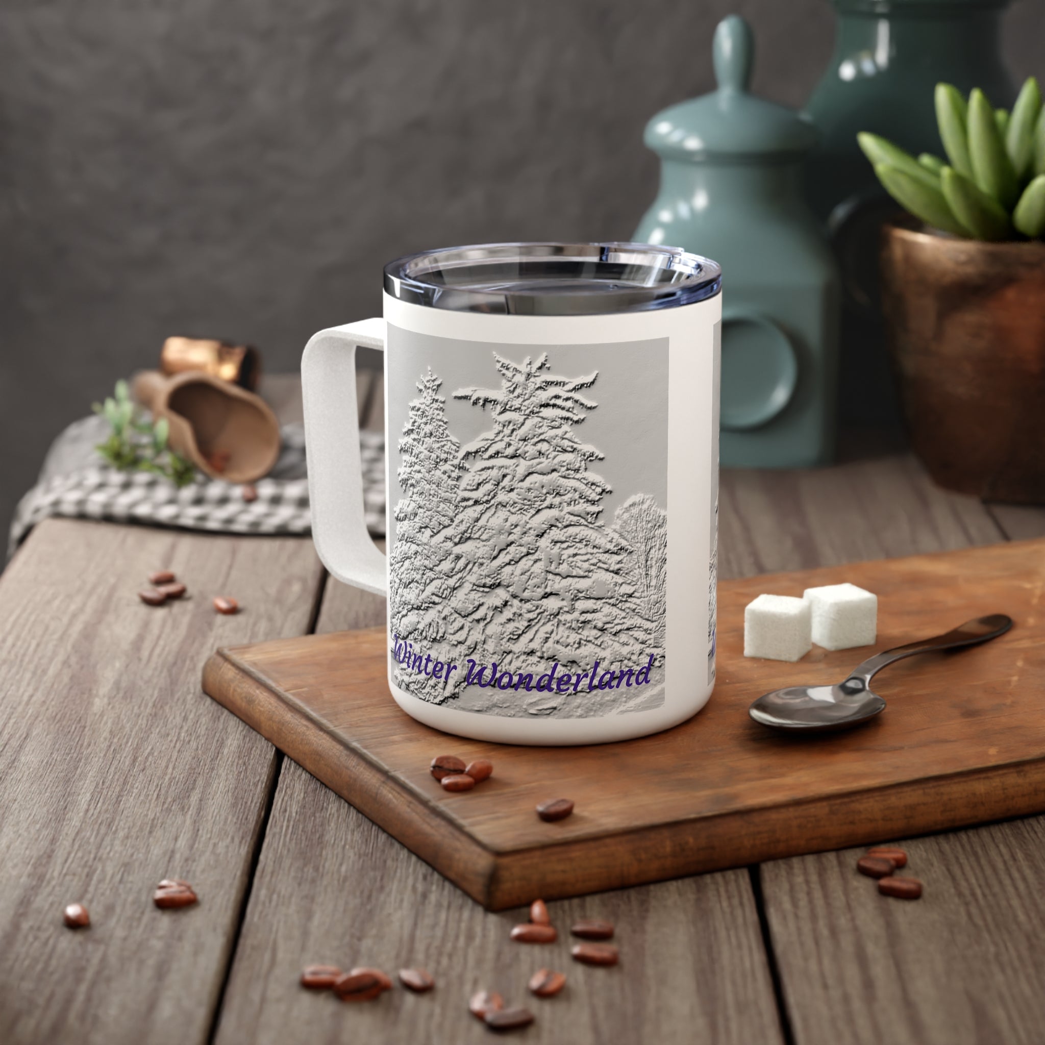 White mug with winter Wonderland design in stainless steel with acrylic top
