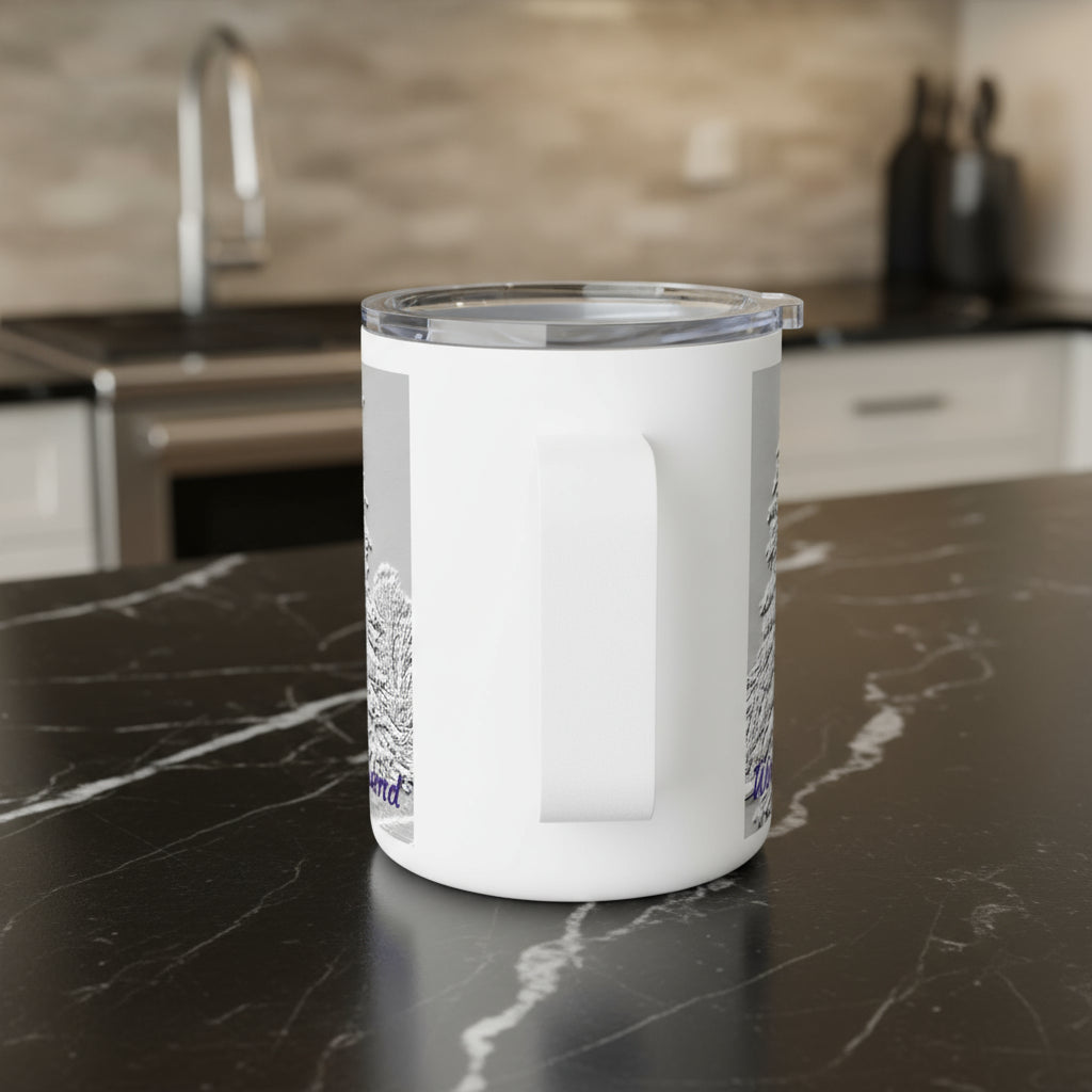 View of white insulated mug's handle of