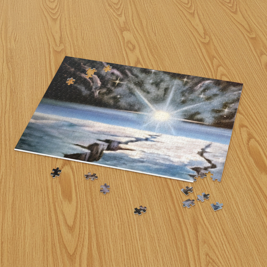 Jigsaw puzzle with a space-themed design on a white background