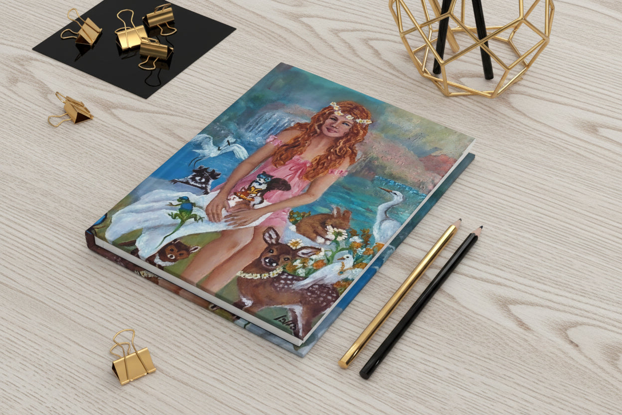 Notebook with a colorful illustration of a girl surrounded by woodland animals and daisies - excellent Gift