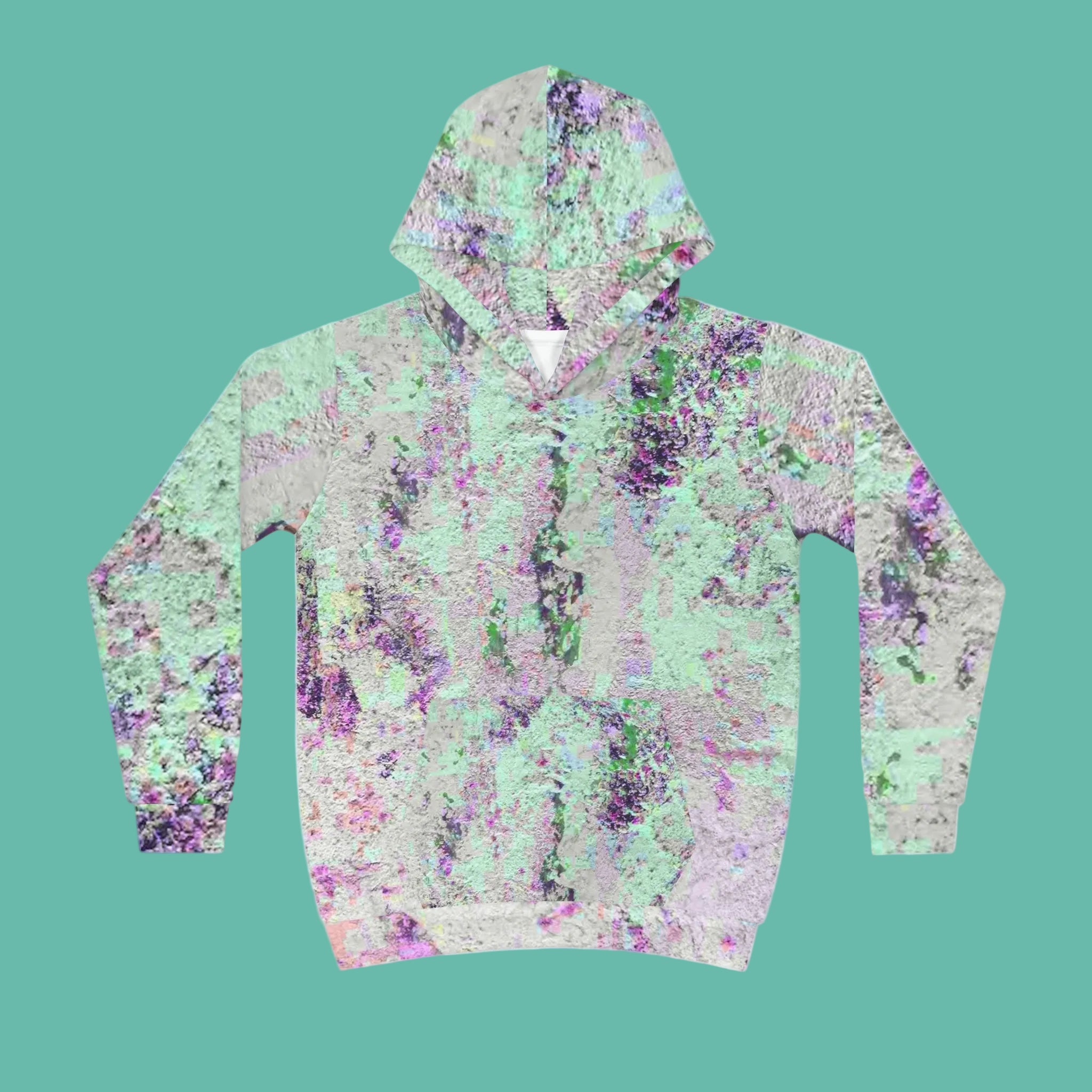 Hoodie with a floral pattern in green, purple, and pink