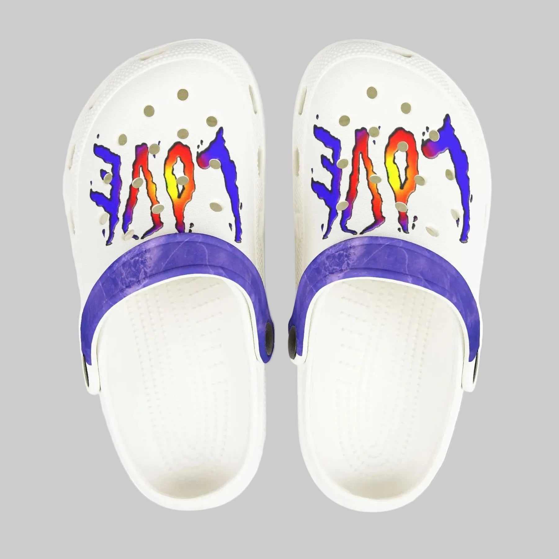 Kids' white clogs with fun Love colors with contoured foot bed and heel strap