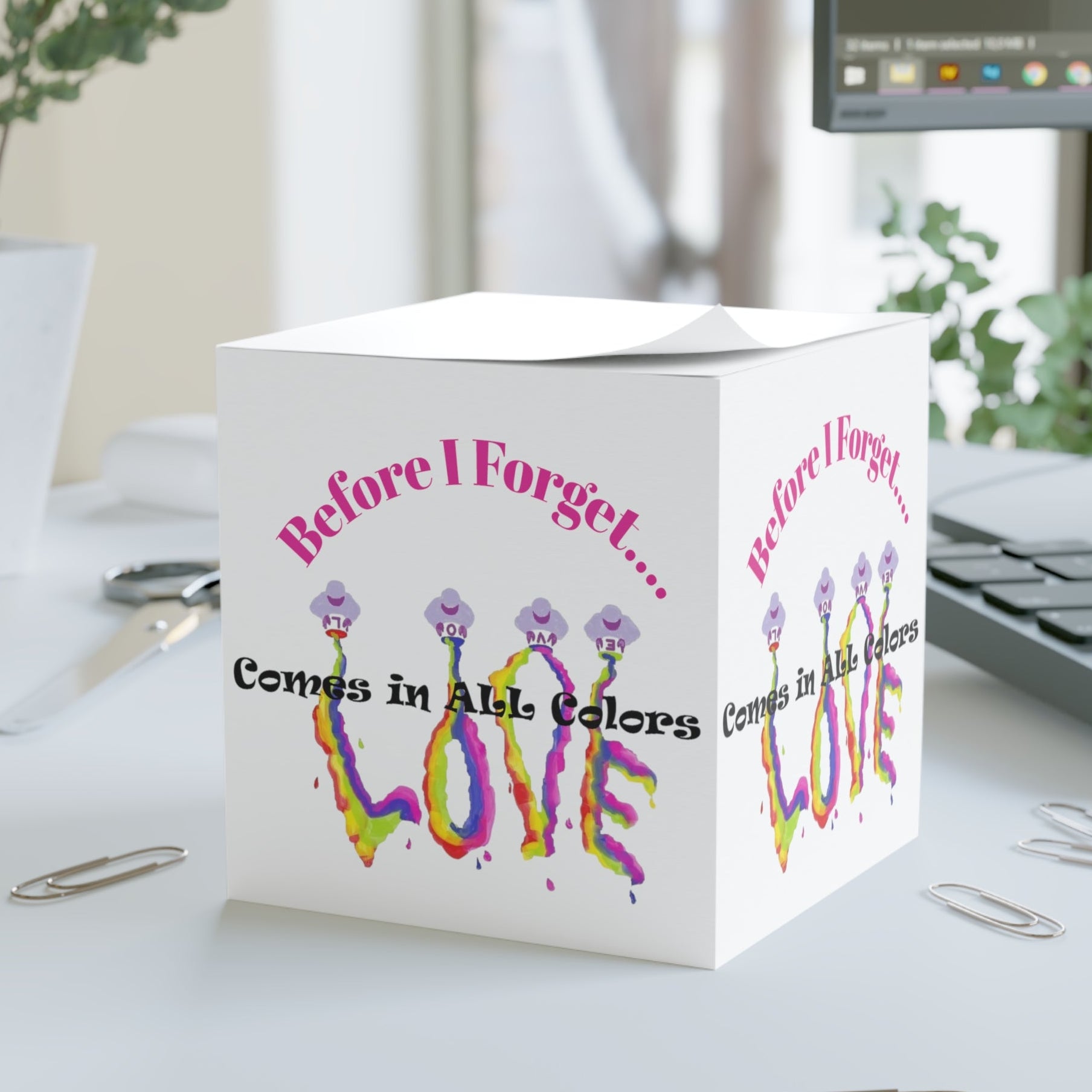 700 sheet note cube with colorful 'LOVE' text