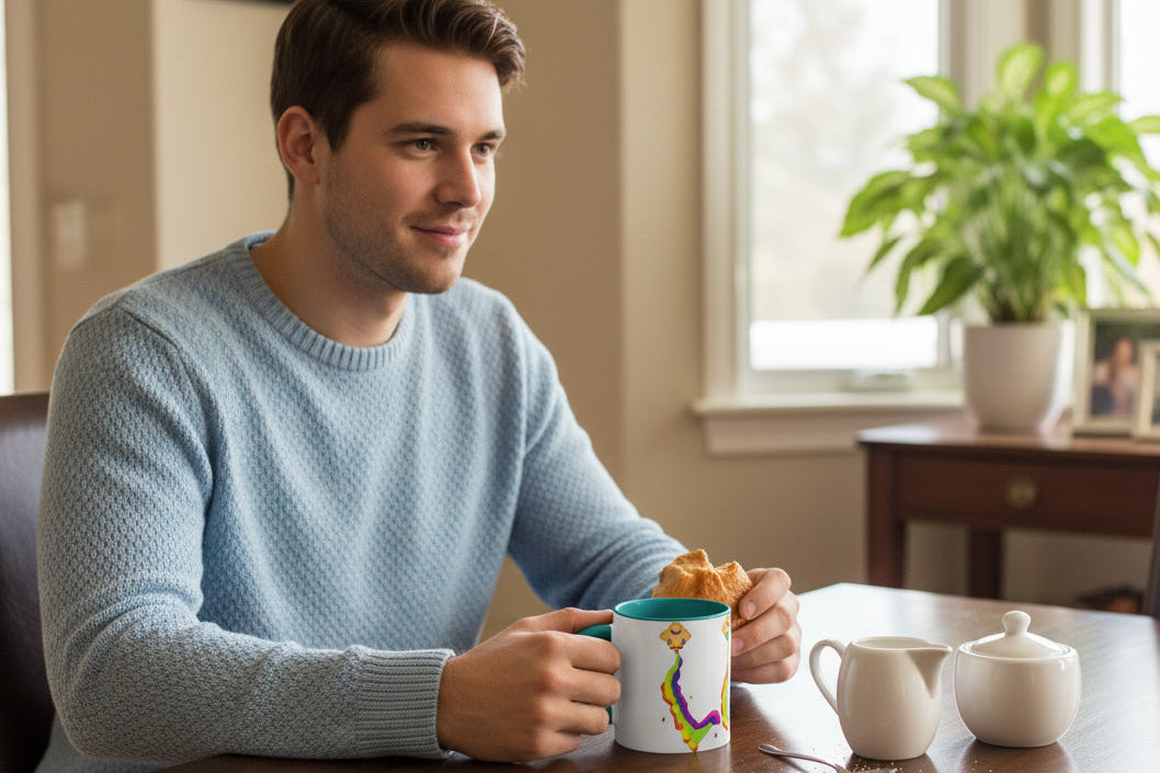 Mug with a colorful Love design with teal interior and handle