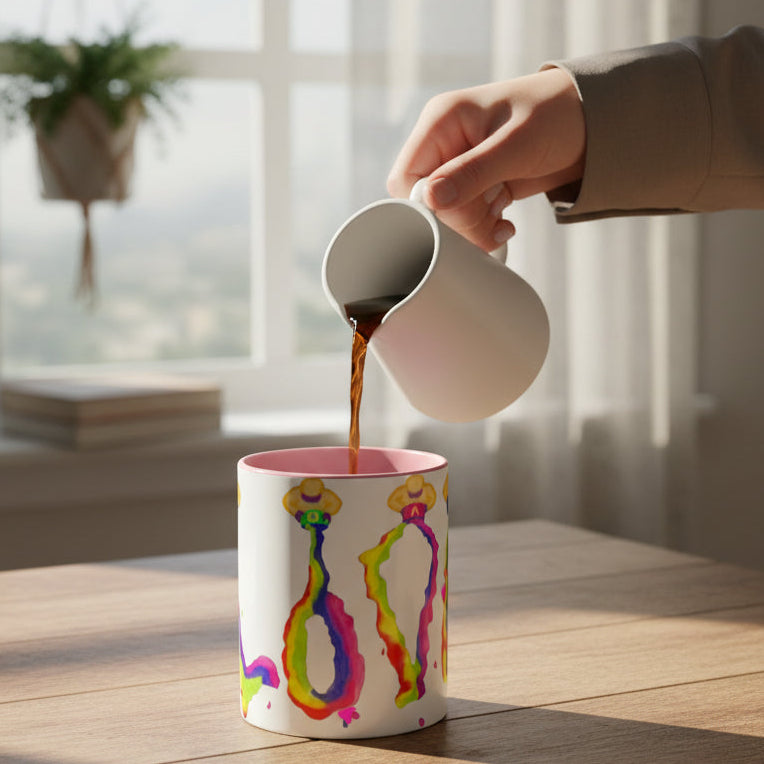 Mug with colorful abstract LOVE design with pink interior and handle