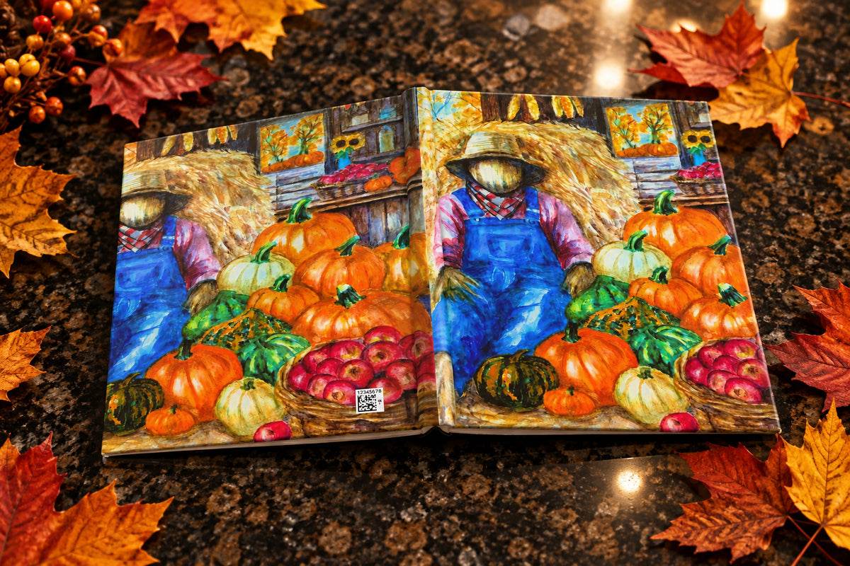 An open 150 page book opened with flexible sewn spine showing a colorful painted autumn market scene with scarecrows, pumpkins, gourds, apples, and hay