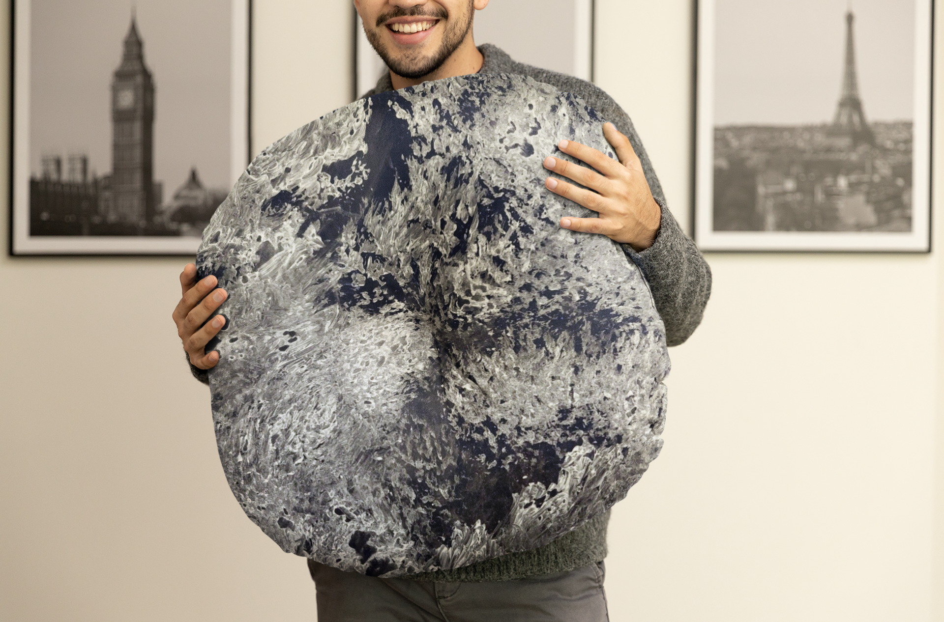 Plush Abstract Design large floor pillow 30 x 30 in black, white, greys