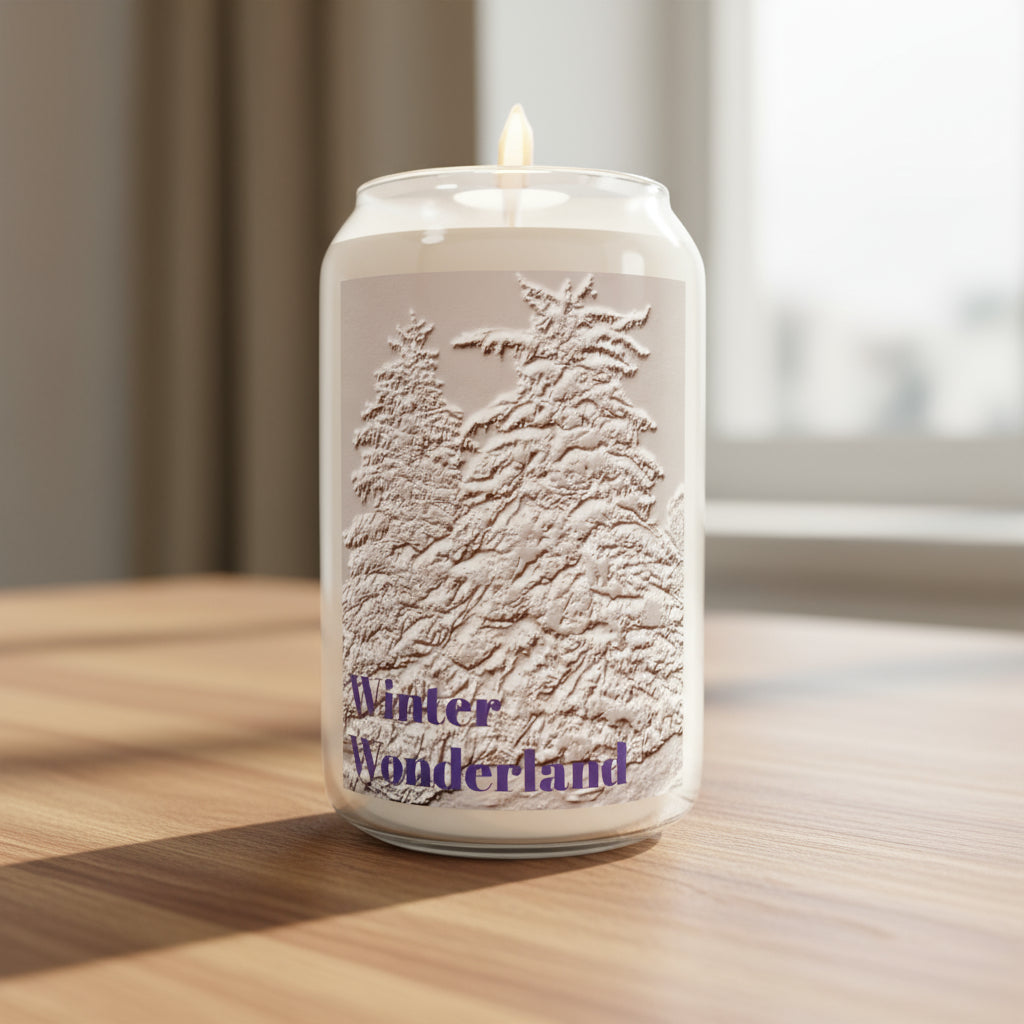 Soy Candle with 'Winter Wonderland' text and snow covered pine tree embossed-like design
