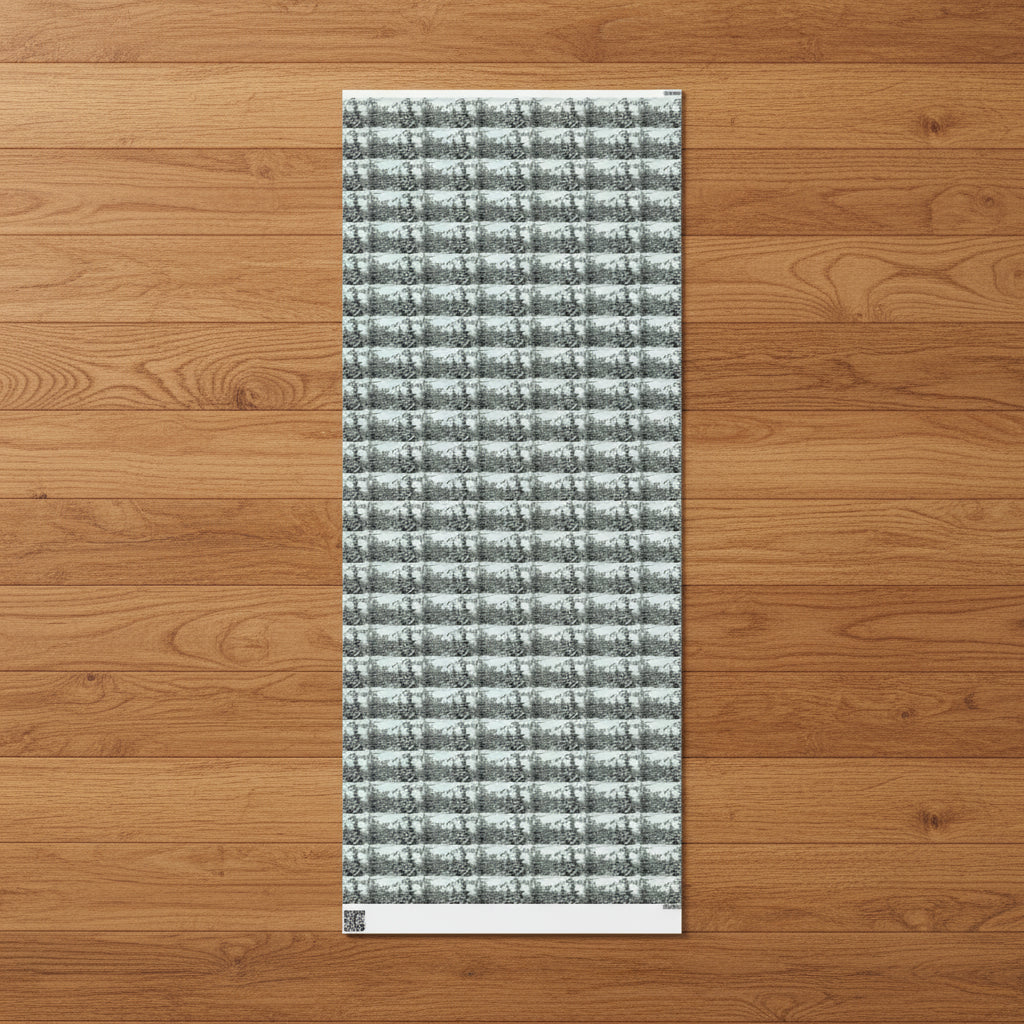 Textured rectangular sheet of wrapping paper with a snowy pine tree pattern