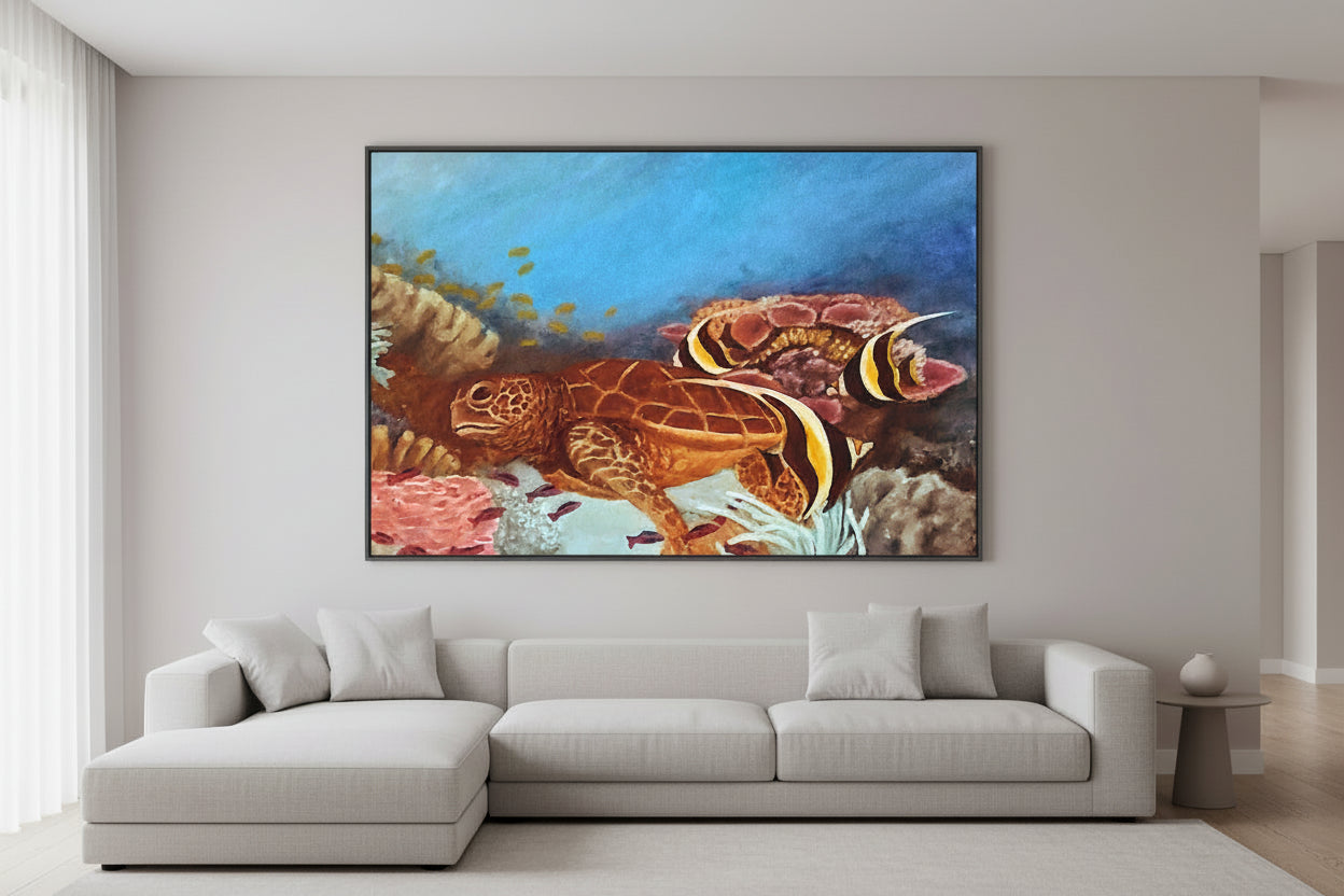 Canvas Print of sea turtle and fish in an underwater scene with coral.
