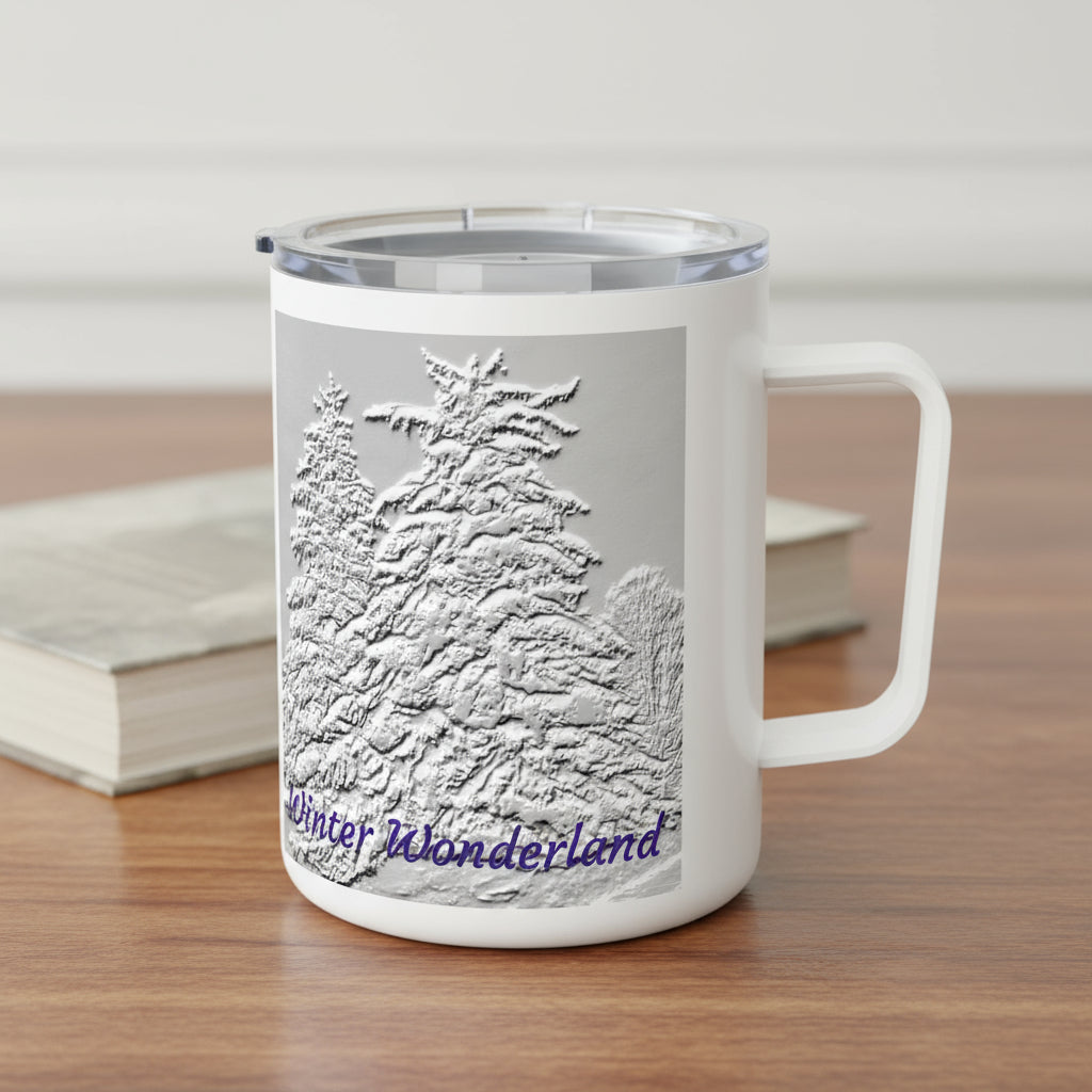 White insulated mug with winter wonderland design and 'Winter Wonderland' text with acrylic top