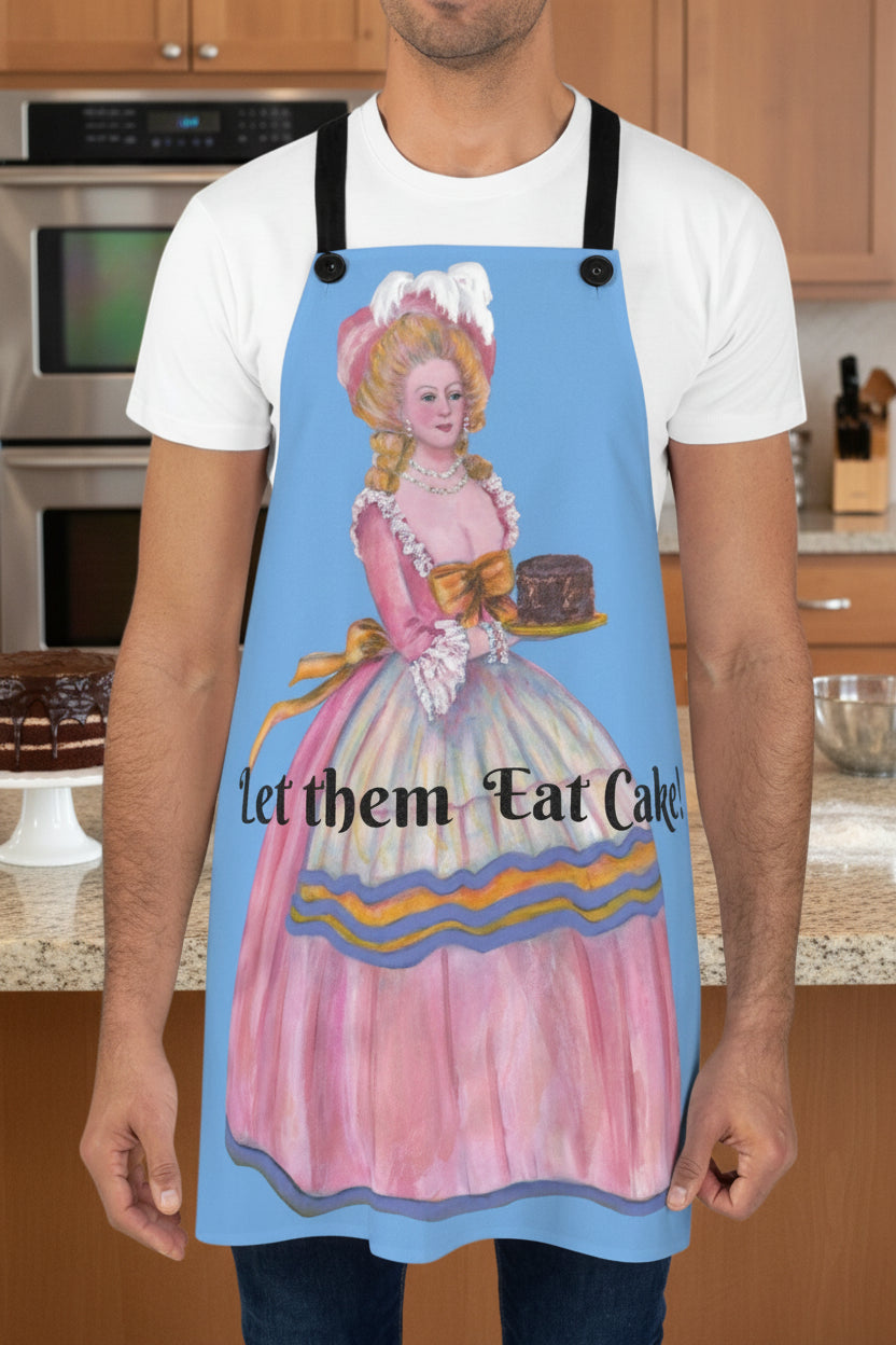 Person wearing a blue apron with a vintage decorative design and text on a blue background