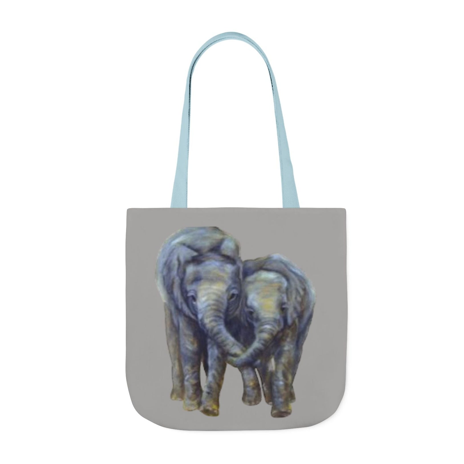 A gray tote bag with light blue handles, featuring a printed illustration of two sweet painted elephants on the front and back 3 sizes available