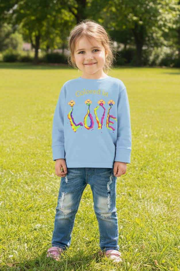 Light blue long sleeve Tee for toddlers with colorful LOVE