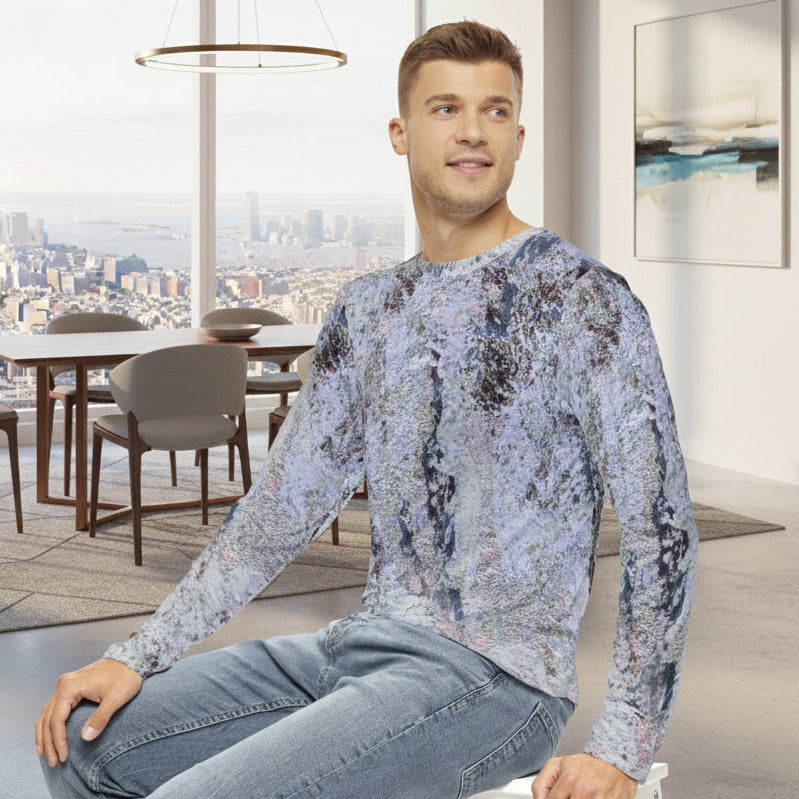 Man wearing abstract design long-sleeve shirt in greys and blacks in polyester - dries quickly
