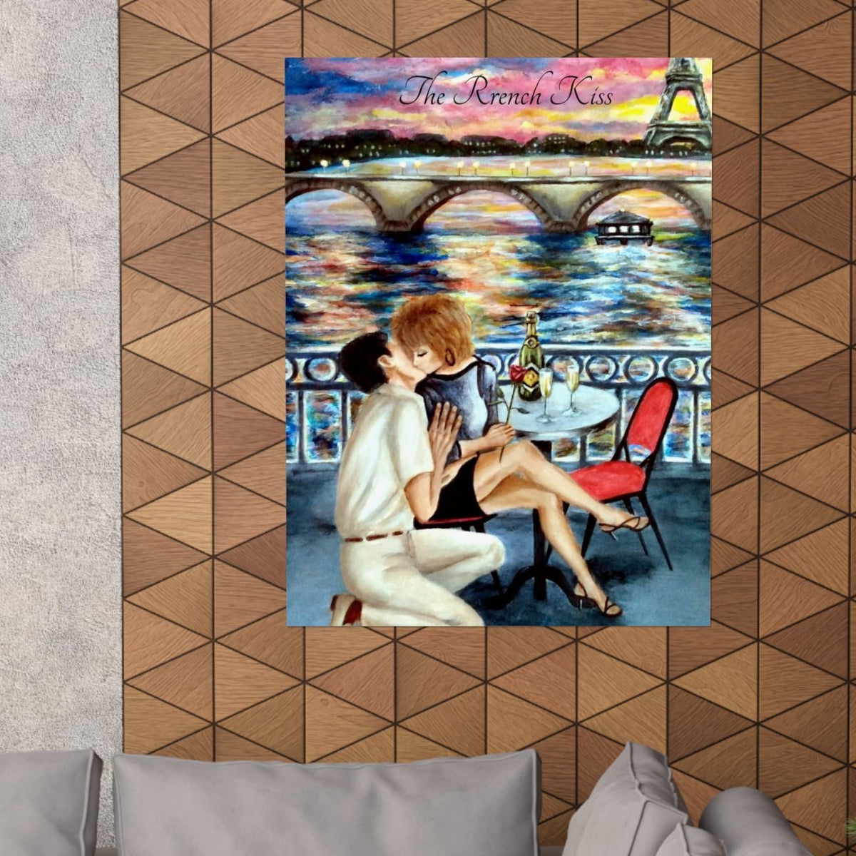 A vertical canvas art print featuring a romantic Parisian scene with a romantic couple on a boat and the Eiffel Tower,