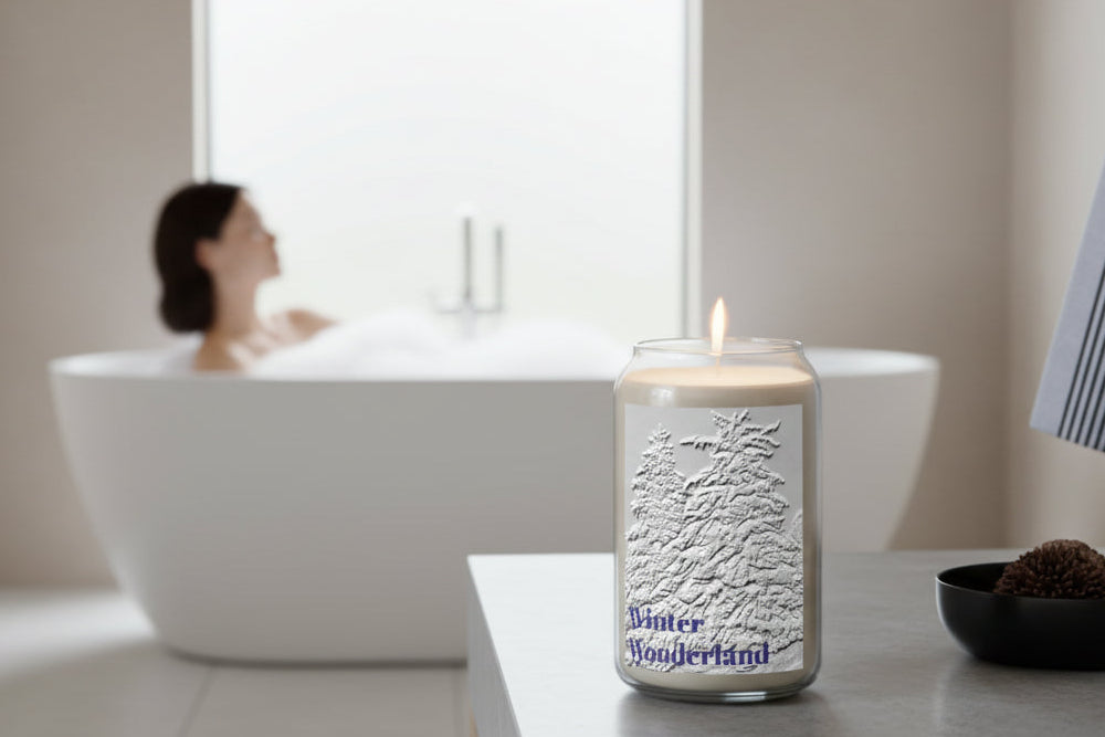 Candle in an embossed texture-like scene of snowy 'Winter Wonderland'